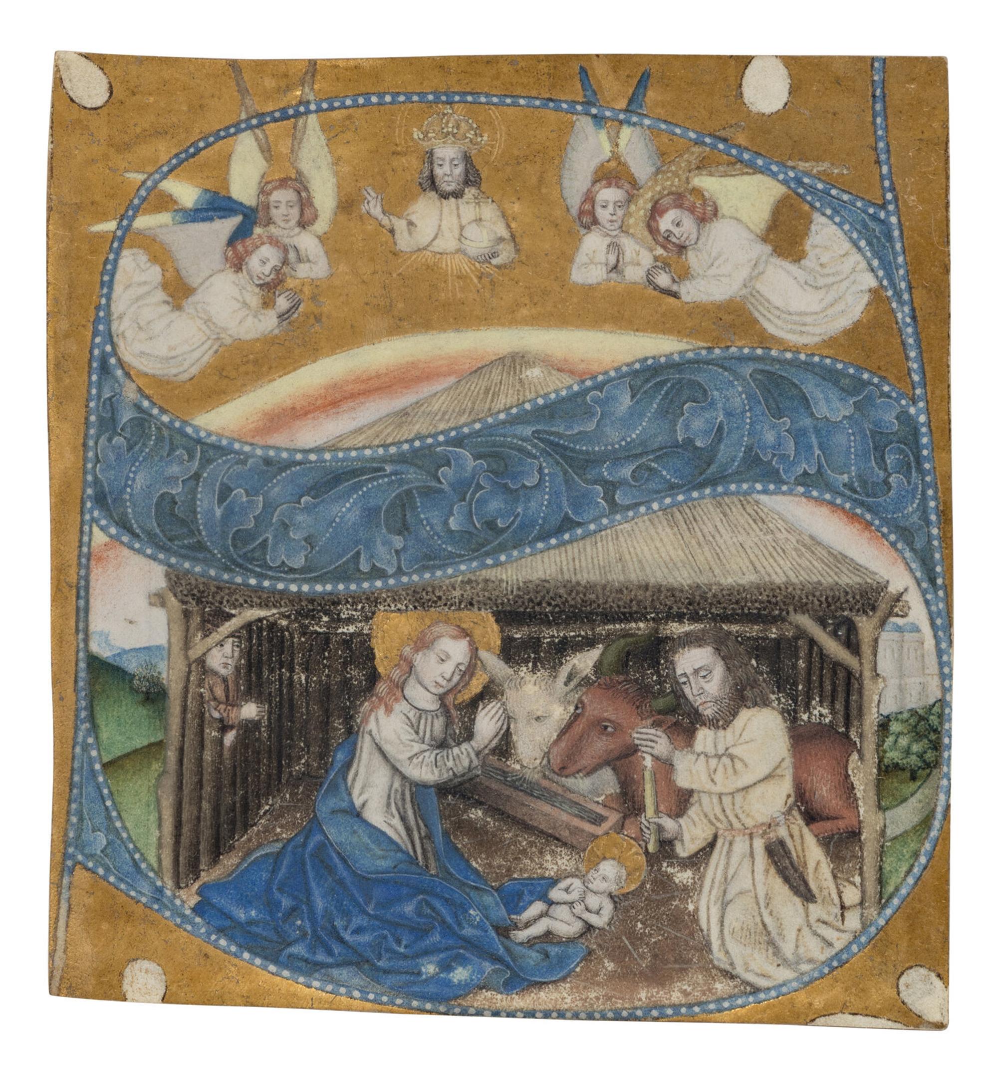 ANONYMOUS RHENISH ARTIST Illuminated cutting of Initial ‘S’ with the Nativity of Christ, from a Choir Book, illuminated manuscript on parchment [Germany, (Lower?) Rhine, c. 1470-80]