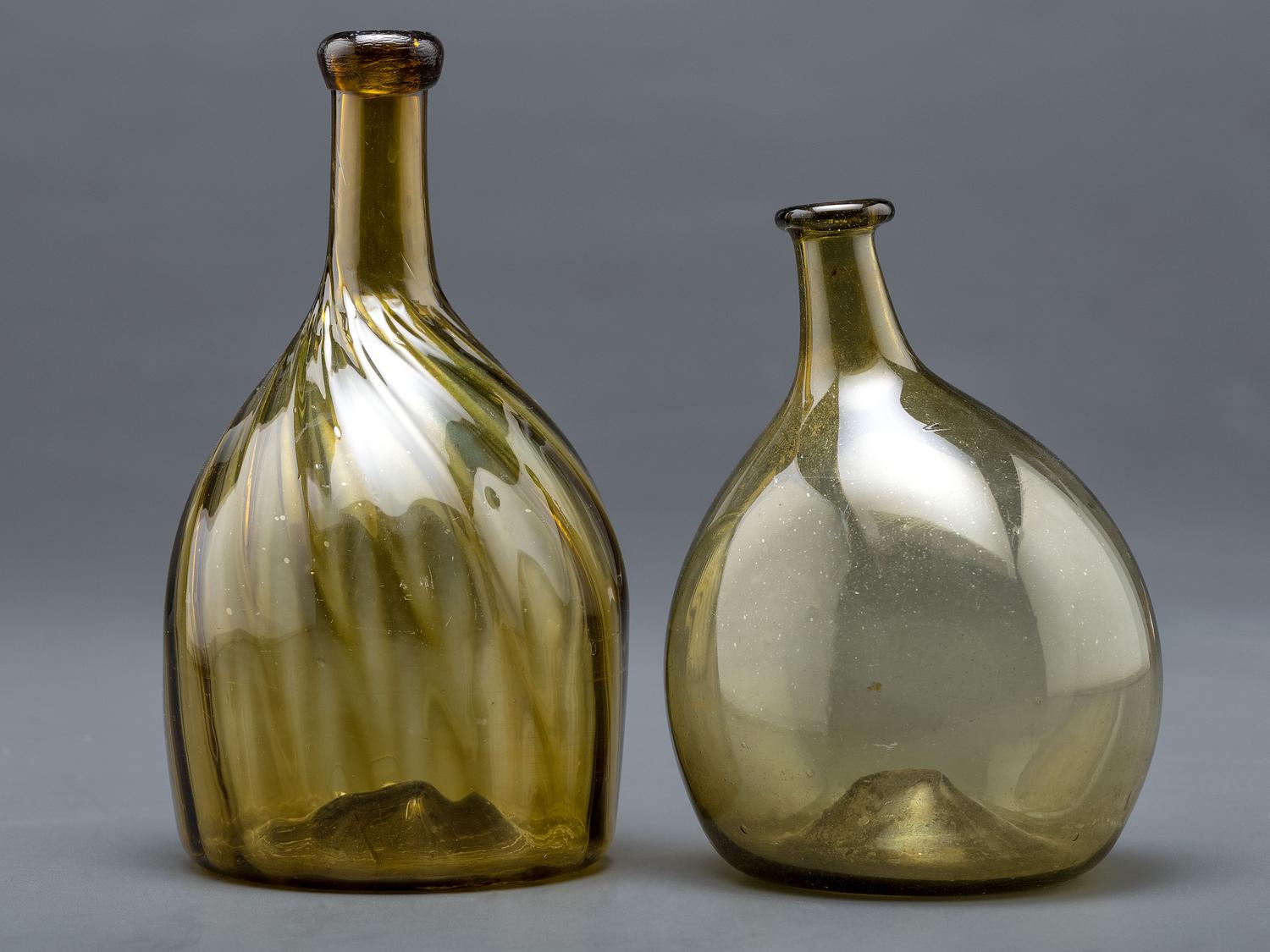 Two Blown Glass Bottles in Olive