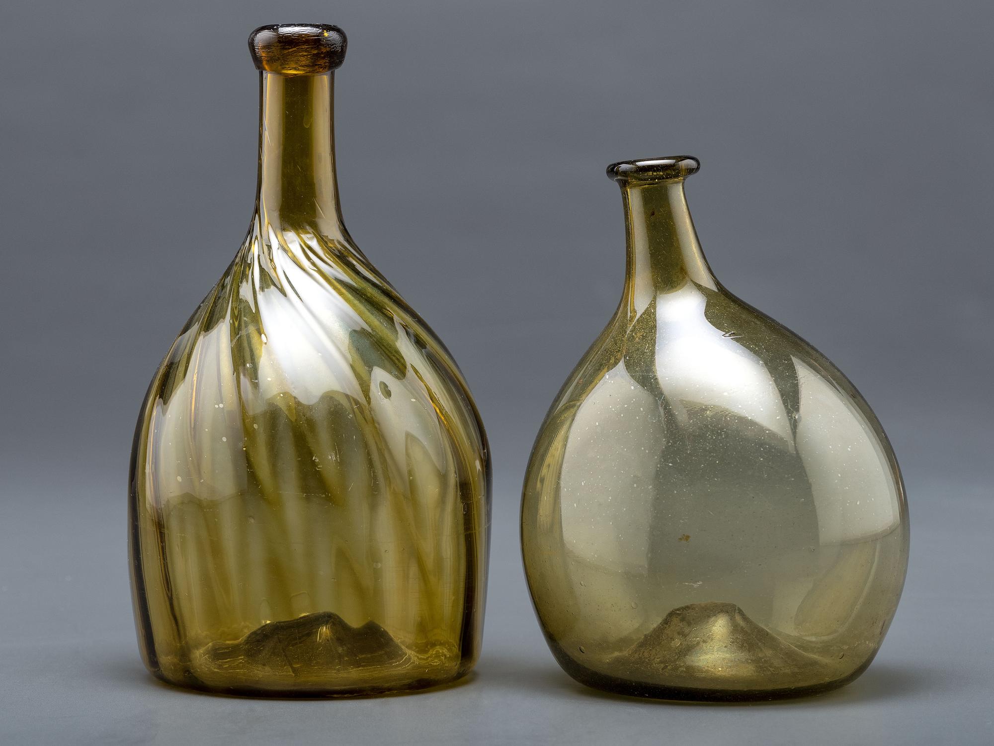 Two Blown Glass Bottles in Olive