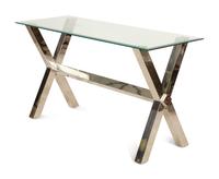 A Contemporary Glass-Top Desk with an X-Form Chrome Base and a Side Table