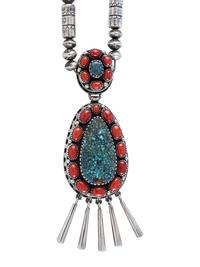 Sterling Silver Necklace, with Cluster Pendant set with Red Mountain Turquoise and Coral