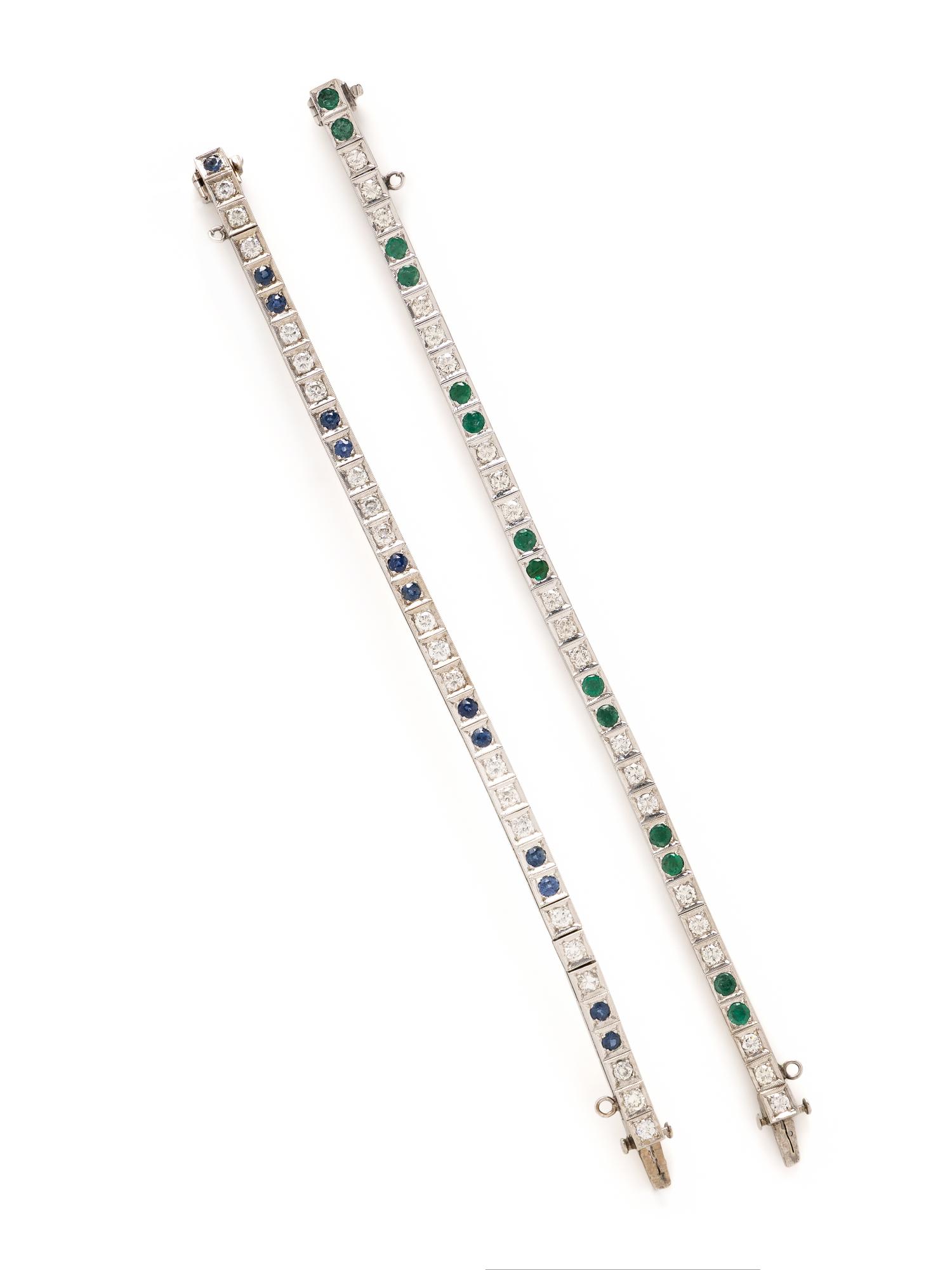 PAIR OF WHITE GOLD, DIAMOND AND GEMSTONE LINE BRACELETS
