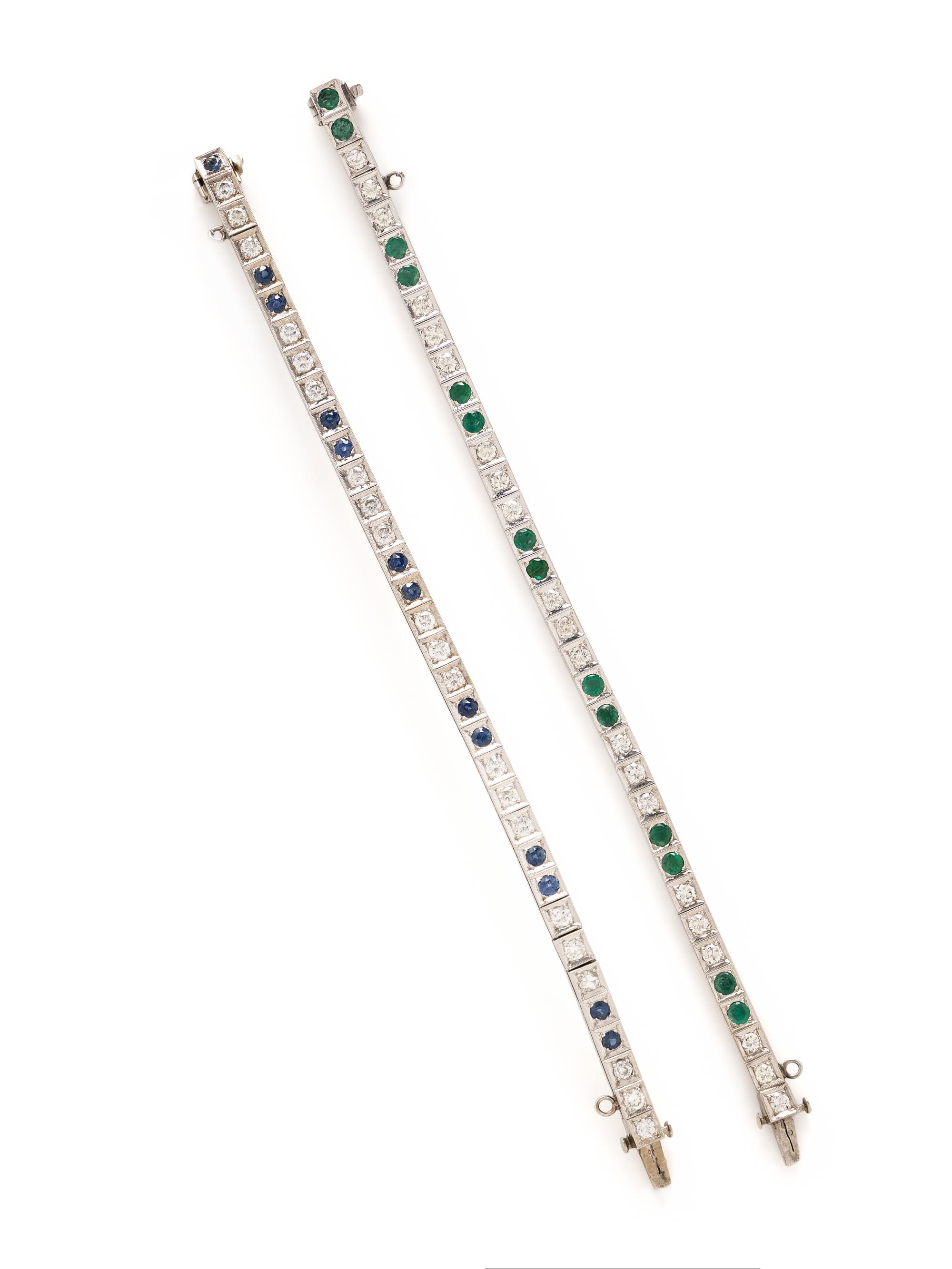 PAIR OF WHITE GOLD, DIAMOND AND GEMSTONE LINE BRACELETS