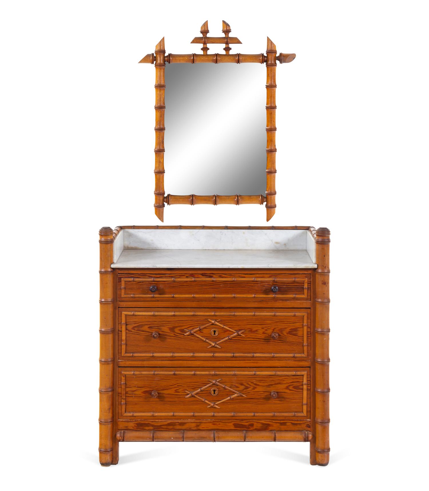 A Victorian Bamboo-Carved Pine Marble-Top Chest of Drawers