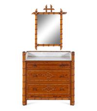 A Victorian Bamboo-Carved Pine Marble-Top Chest of Drawers
