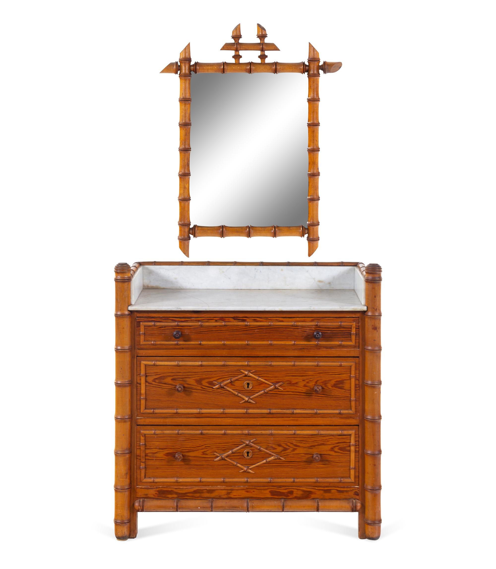 A Victorian Bamboo-Carved Pine Marble-Top Chest of Drawers