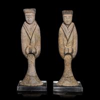A Pair of Chinese Painted Pottery Figures of Attendants, Han Dynasty — 漢 陶加彩侍女俑一對