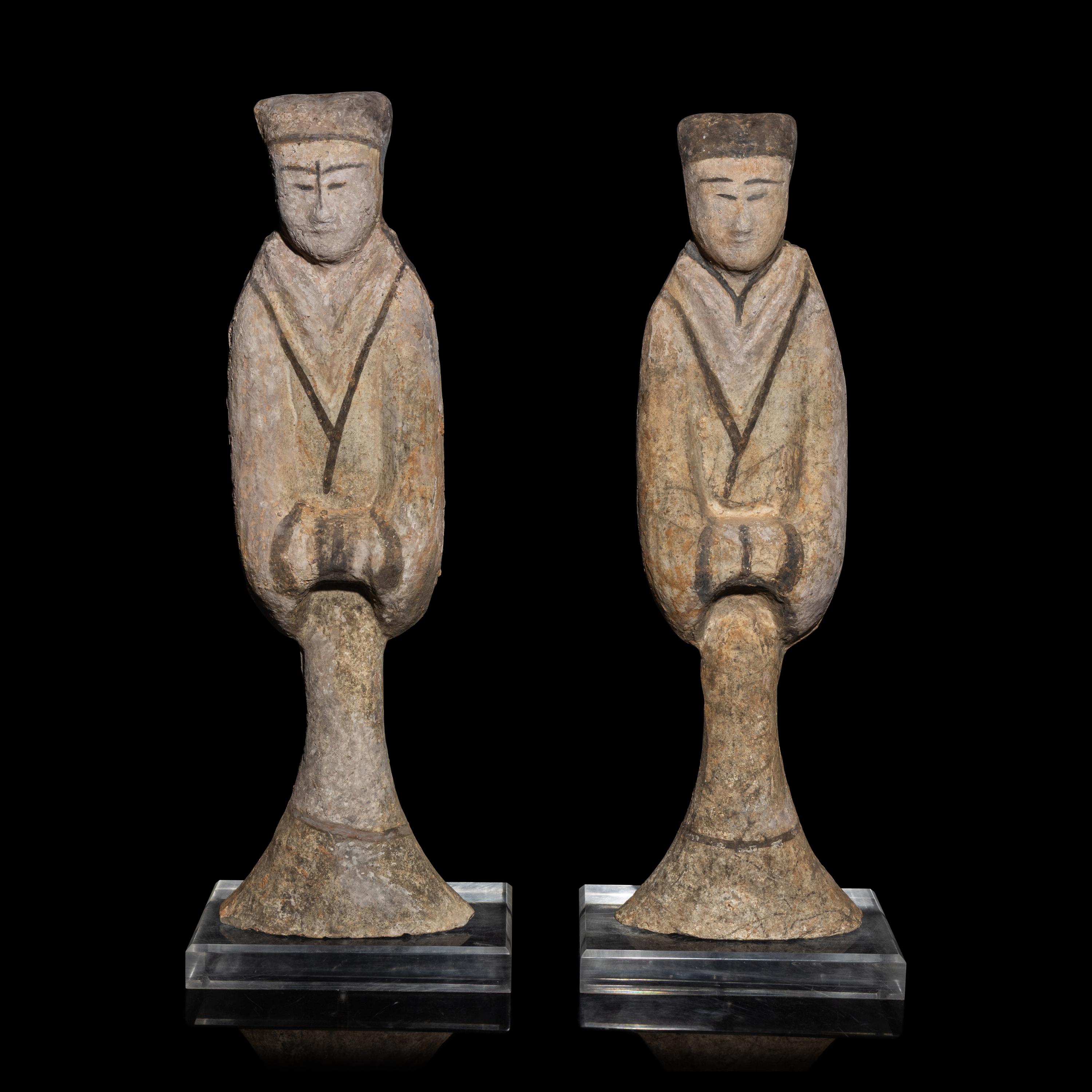 A Pair of Chinese Painted Pottery Figures of Attendants, Han Dynasty — 漢 陶加彩侍女俑一對