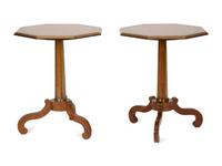 A Pair of Regency Style Hexagonal Top Crossbanded Side Tables with Brass Molded Edge — 20th Century
