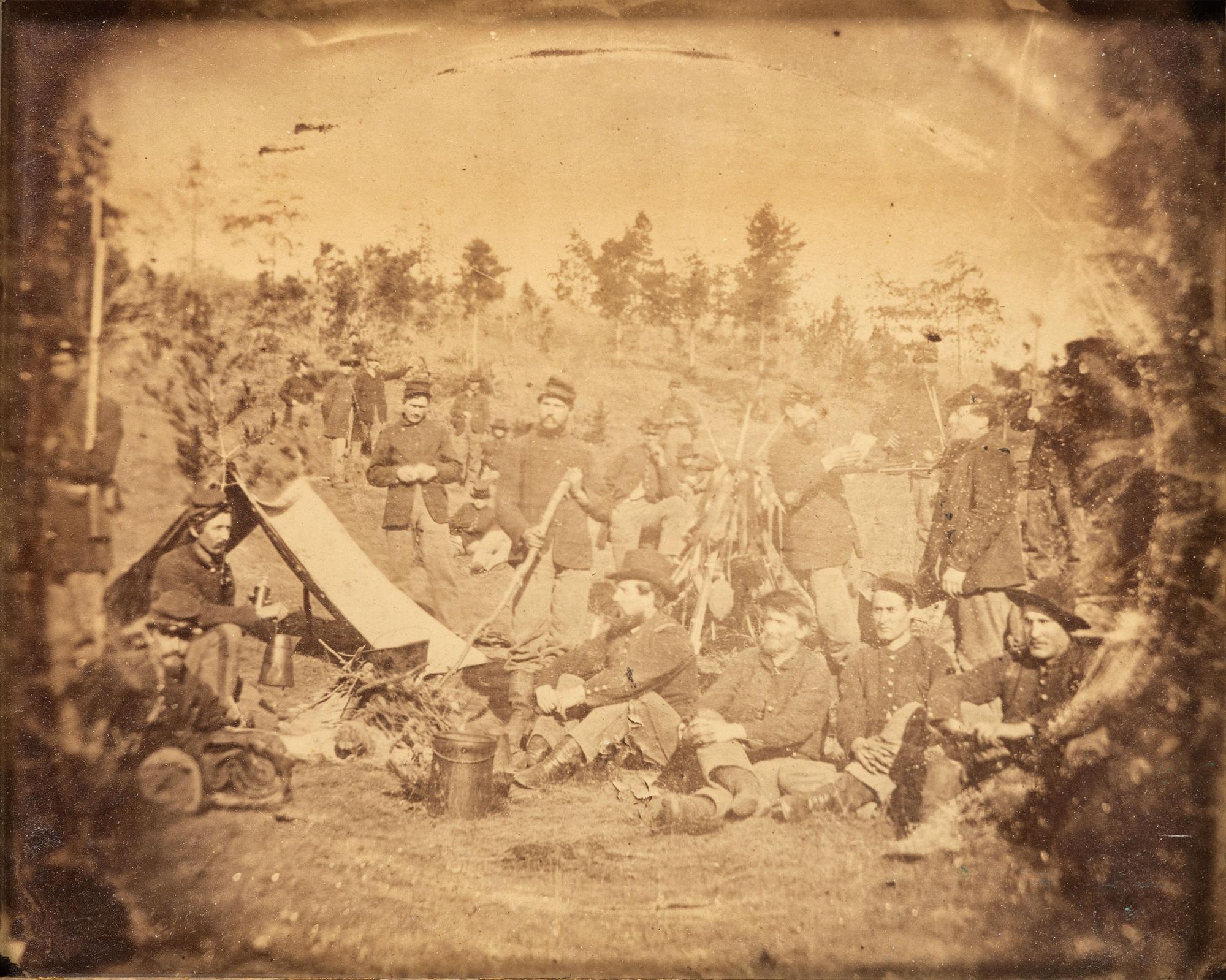 [CIVIL WAR - PHOTOGRAPHY] A large format albumen copy photograph of soldiers at camp, [ca 1860s]. With additional photographs.