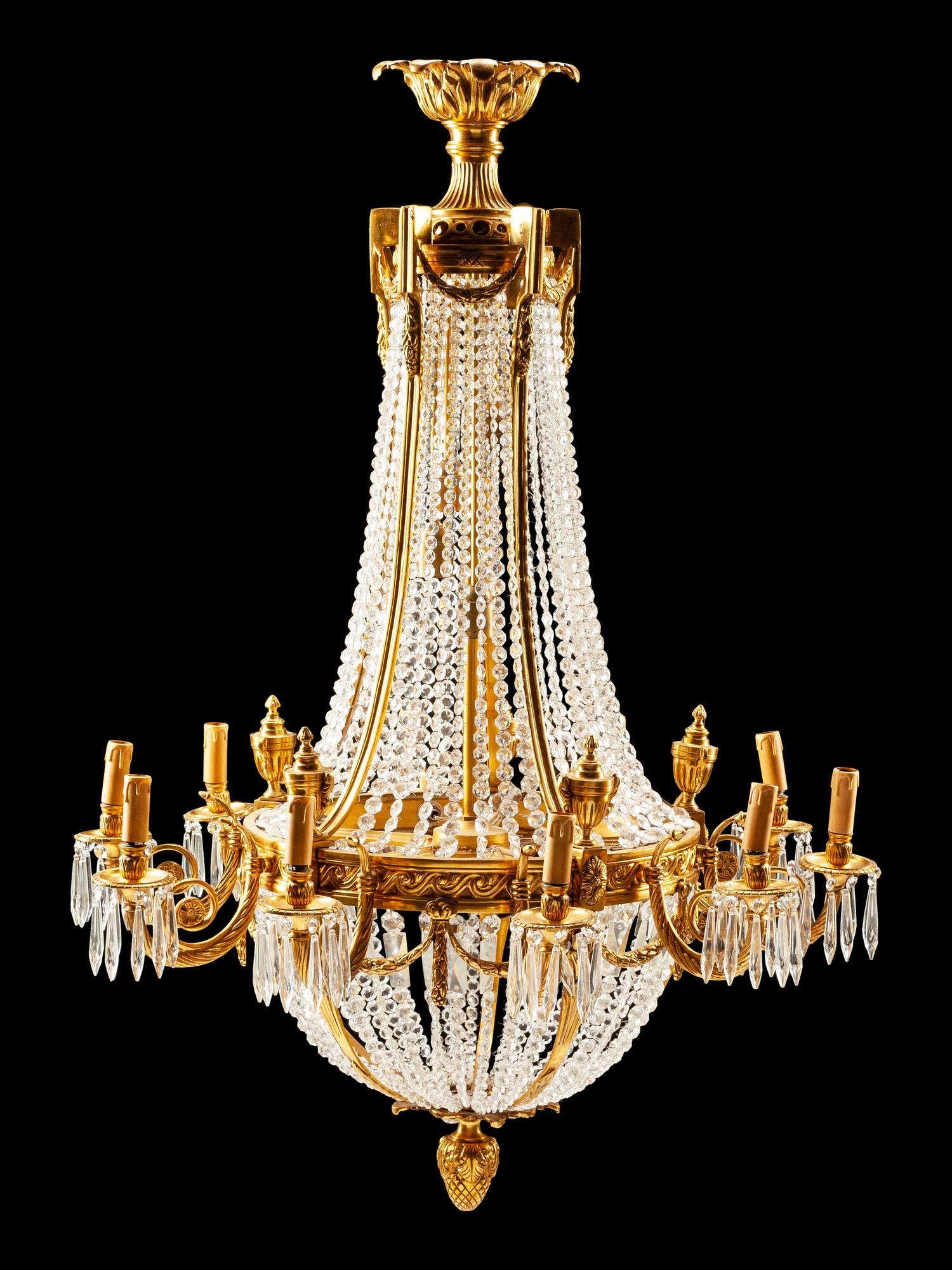 A Pair of Louis XVI Style Gilt-Bronze and Glass Ten-Light Chandeliers