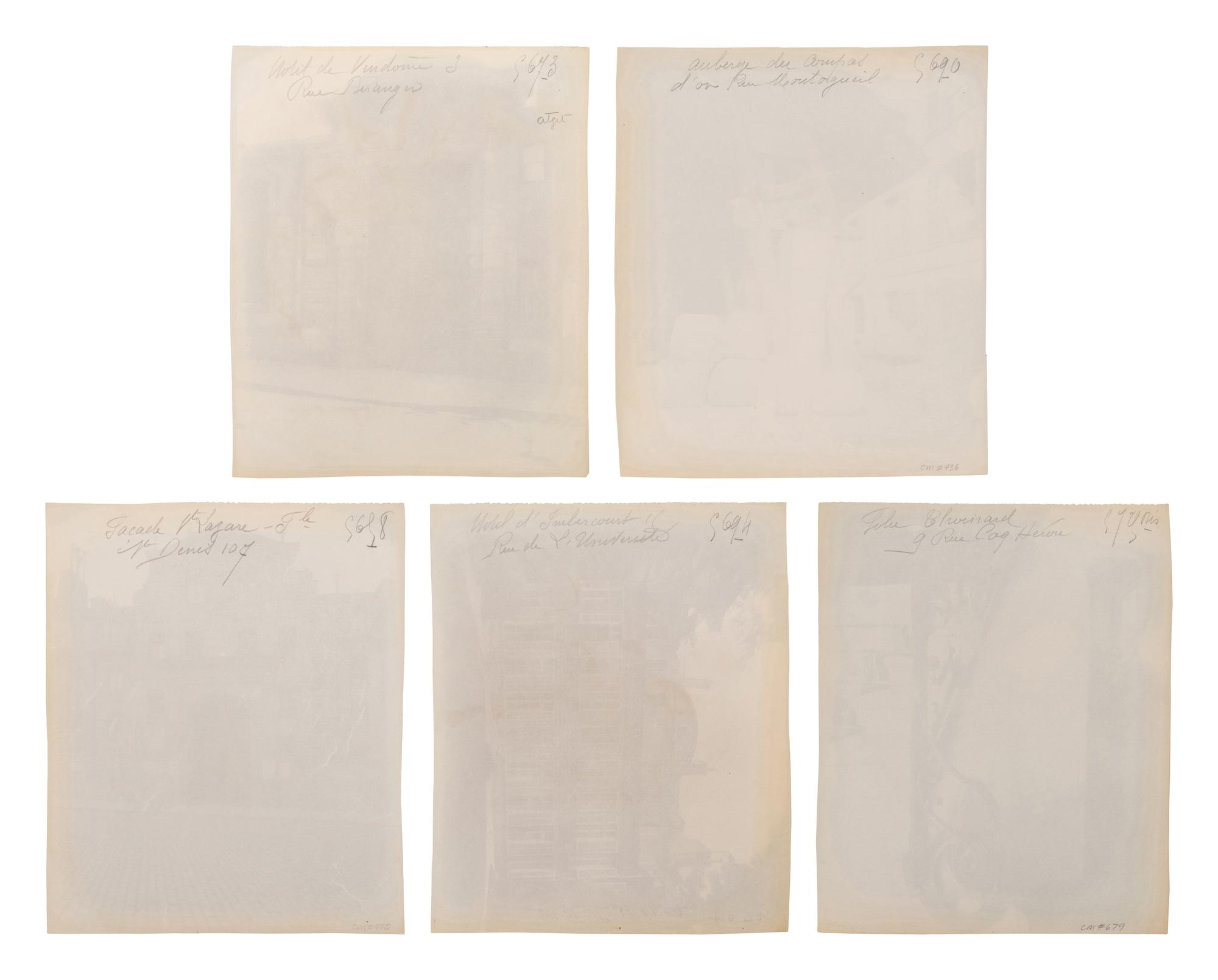 A group of five photographs ( Auberge du Compas d'Or, rue Montorgueil; Façade Saint-Lazare, faubourg Saint-Denis 107; Folie Thoinard, 9 rue Coq-Héron; Hôtel d'Imbercourt, 15 rue de l'Universite; Hôtel de Vendôme, rue Béranger 3 )