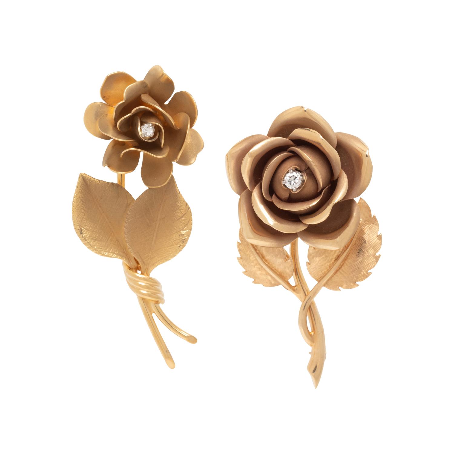 PAIR OF BICOLOR GOLD AND DIAMOND ROSE BROOCHES