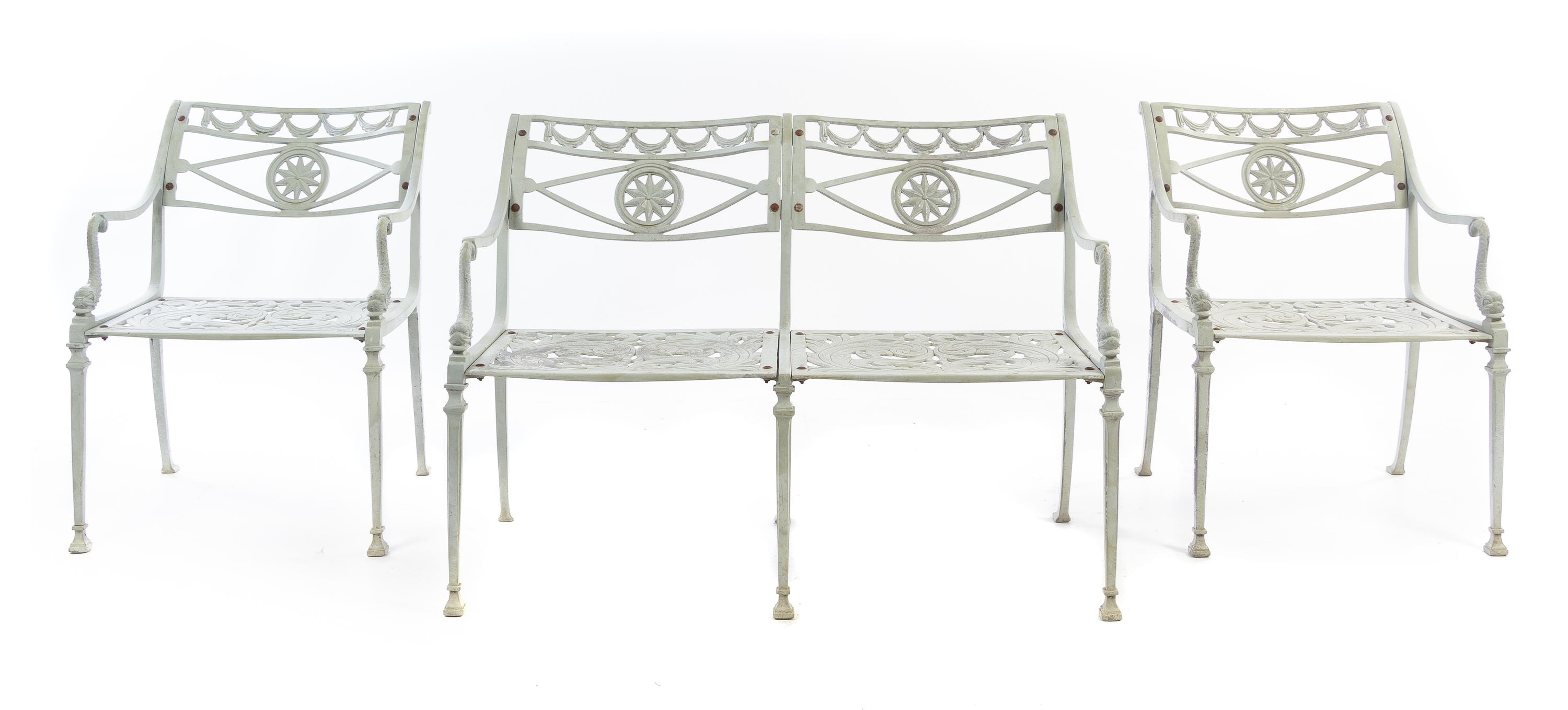 A Suite of Painted Metal Patio Furniture Height of bench 31 x width 42 3/4 x depth 21 inches. — 20TH CENTURY