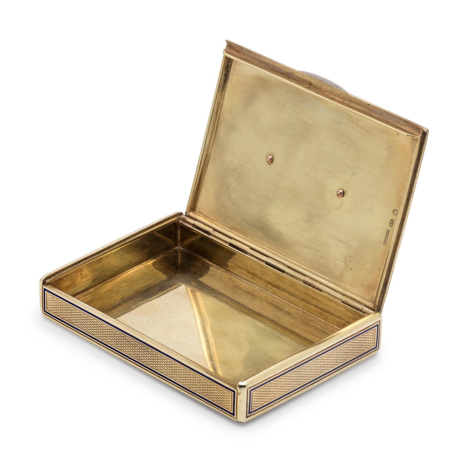 A Russian Yellow Gold, Enamel, Diamond and Sapphire Mounted Snuff Box