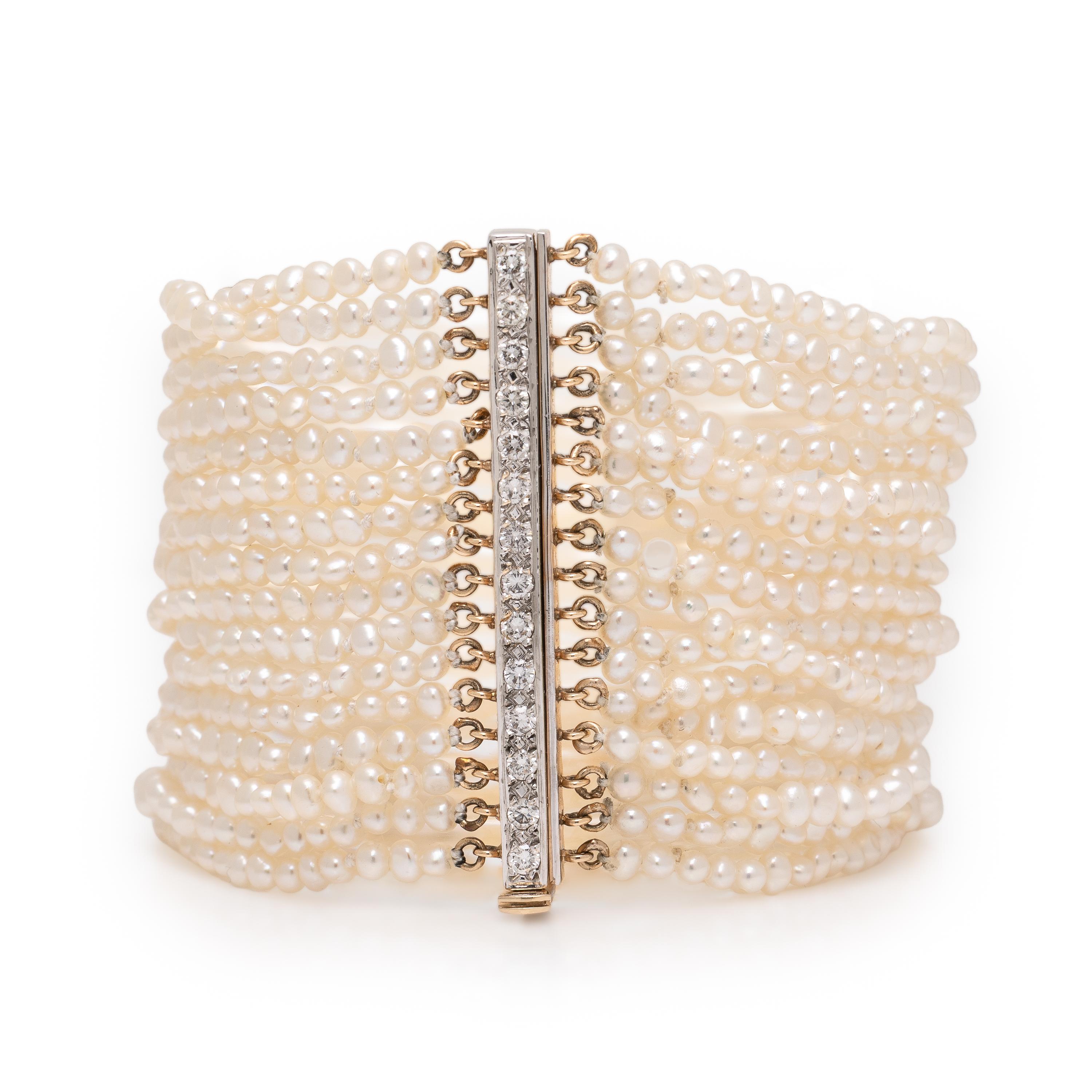 Seed Pearl, Diamond, and Yellow Gold Bracelet