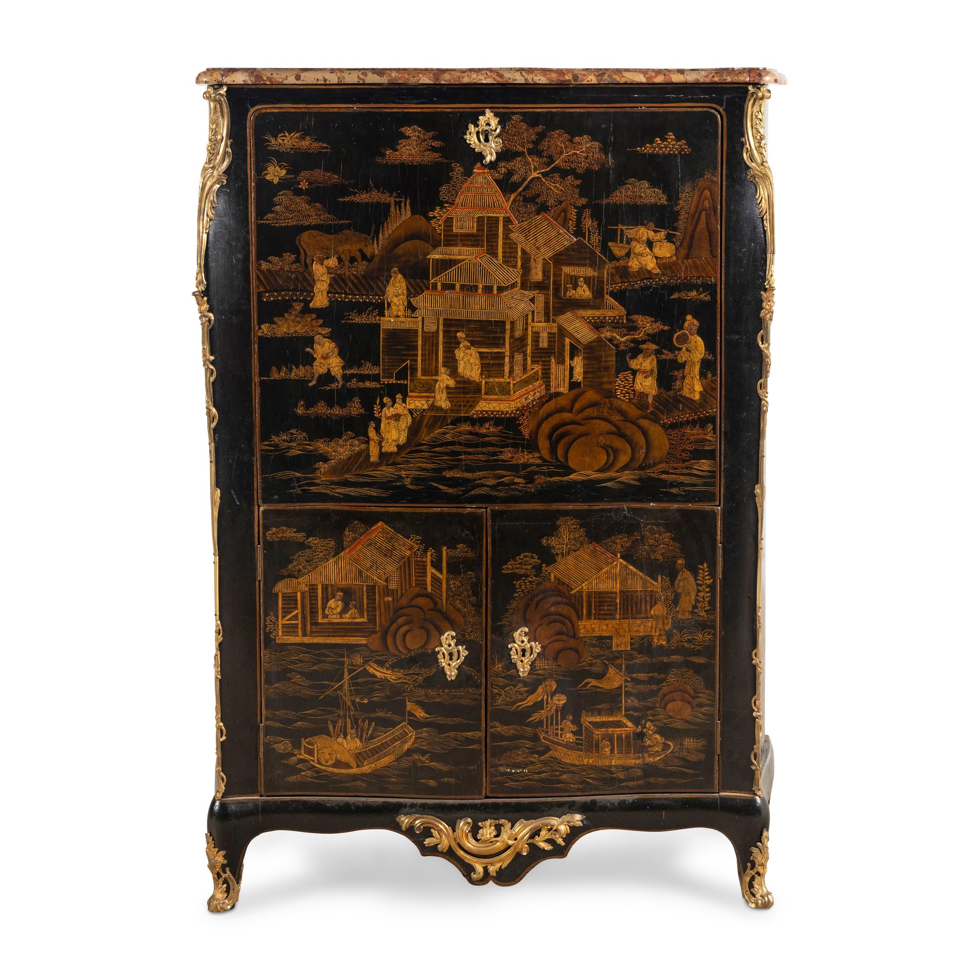 A Louis XV Gilt Bronze Mounted Black and Gold Lacquer Secrétaire à Abattant