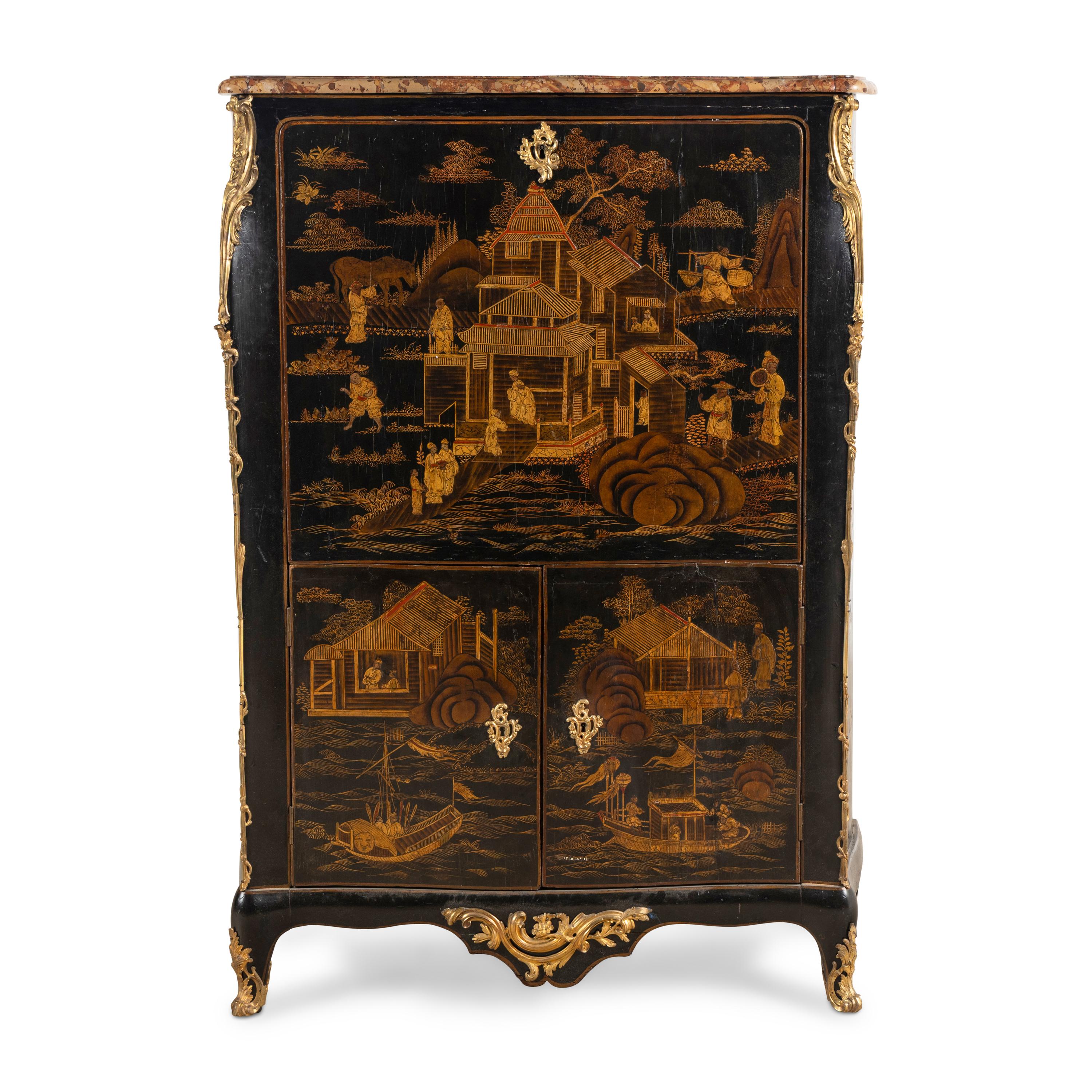 A Louis XV Gilt Bronze Mounted Black and Gold Lacquer Secrétaire à Abattant