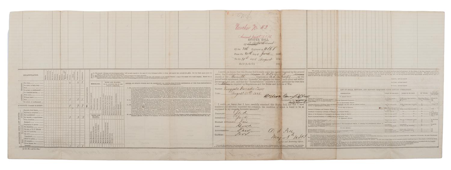 [CIVIL WAR]. A group of 9 documents related to the 7th US Colored Troops including muster rolls and appointments for 2nd Lieutenant Joseph M. Califf.