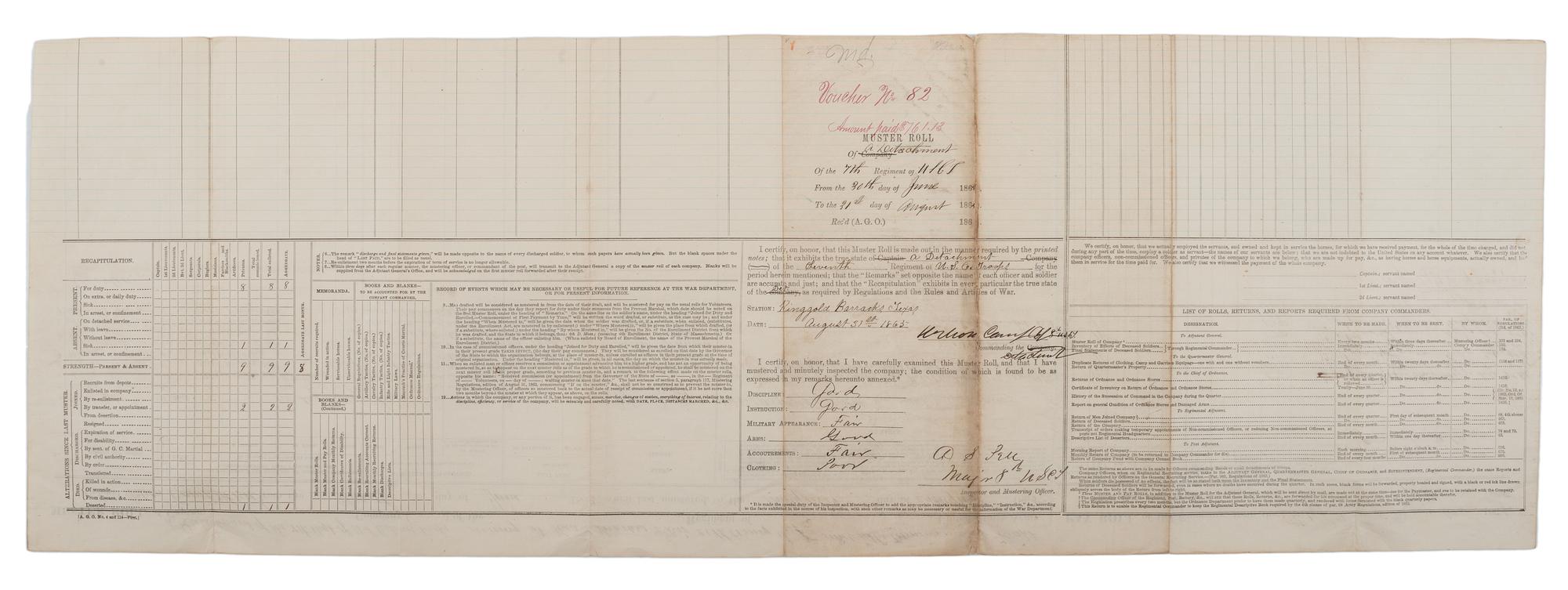 [CIVIL WAR]. A group of 9 documents related to the 7th US Colored Troops including muster rolls and appointments for 2nd Lieutenant Joseph M. Califf.
