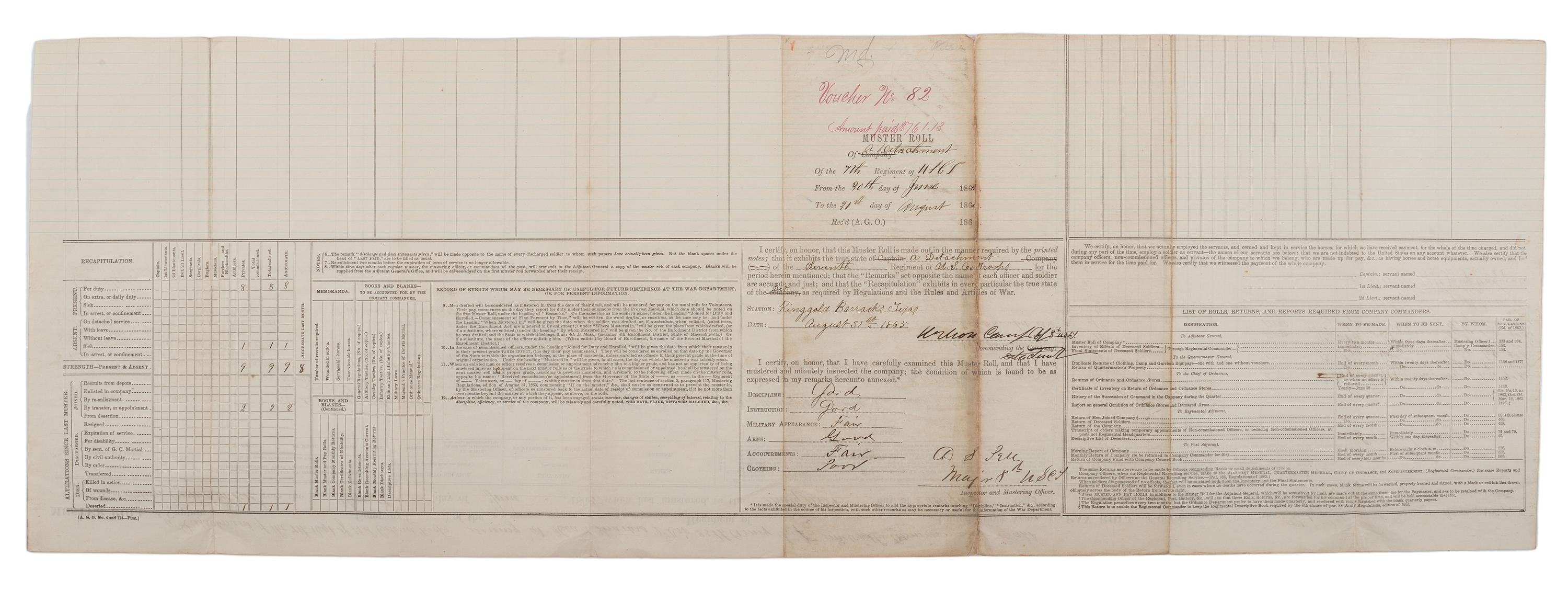 [CIVIL WAR]. A group of 9 documents related to the 7th US Colored Troops including muster rolls and appointments for 2nd Lieutenant Joseph M. Califf.