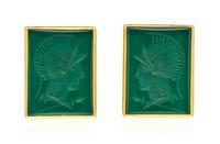 A Pair of 18 Karat Yellow Gold and Chrysoprase Intaglio Cufflinks, 10.40 dwts.