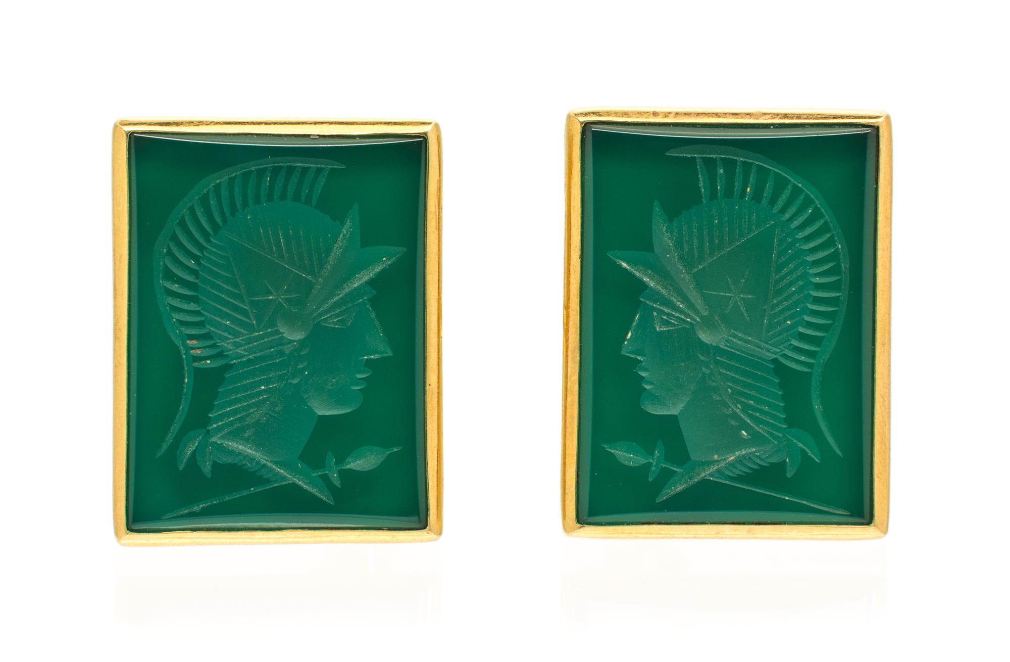 A Pair of 18 Karat Yellow Gold and Chrysoprase Intaglio Cufflinks, 10.40 dwts.
