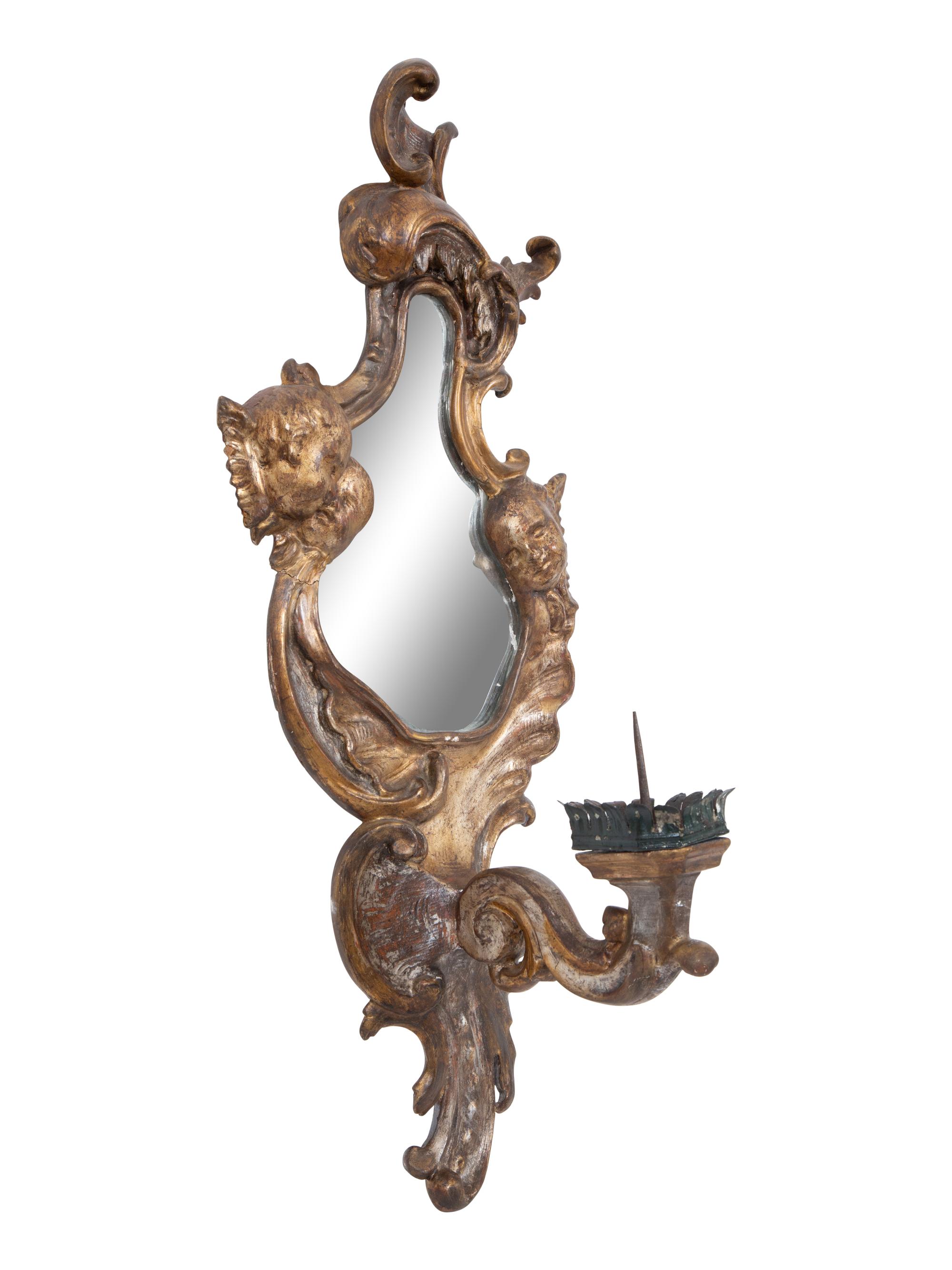 A Pair of Italian Giltwood Mirrored Single-Light Sconces