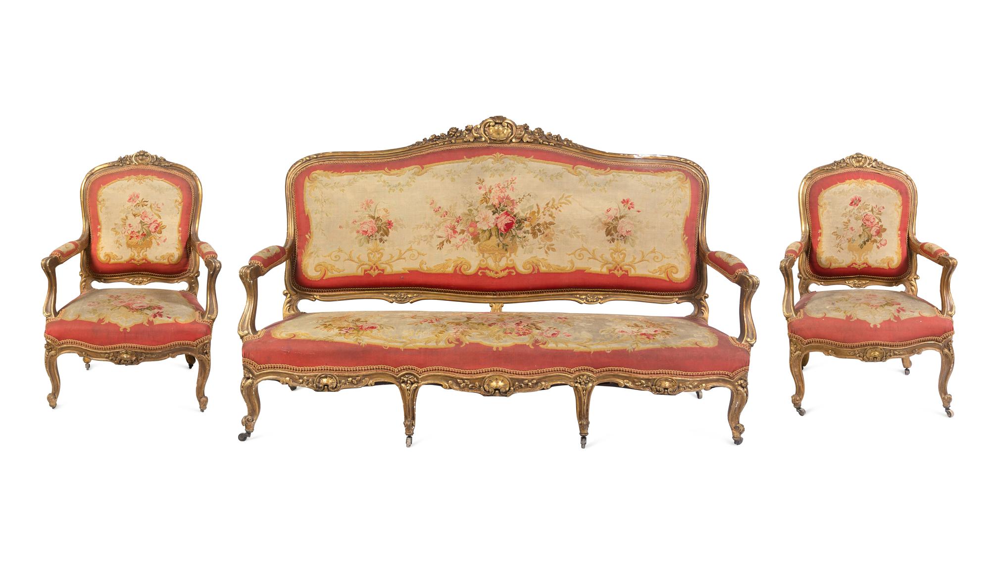 A Louis XV Style Giltwood Three-Piece Salon Suite