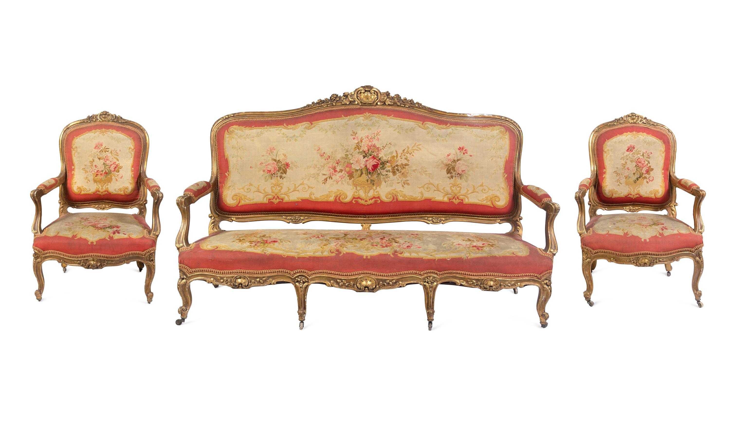 A Louis XV Style Giltwood Three-Piece Salon Suite