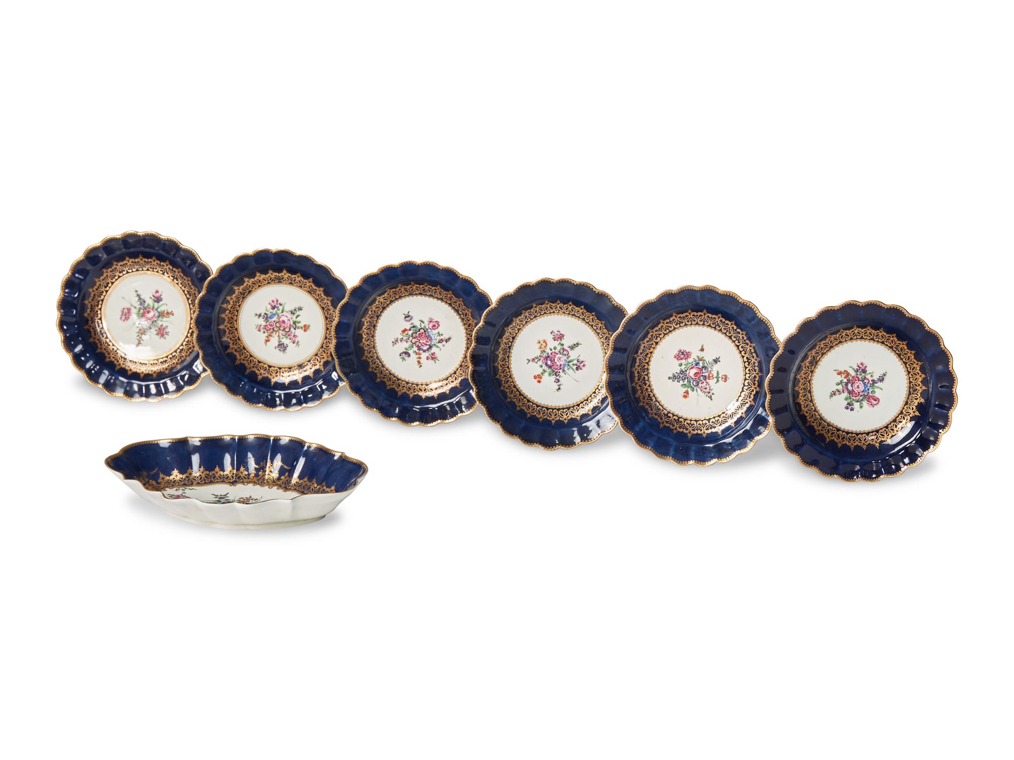 A Group of Seven Worcester Floral, Cobalt and Gilt-Decorated Porcelain Table Articles