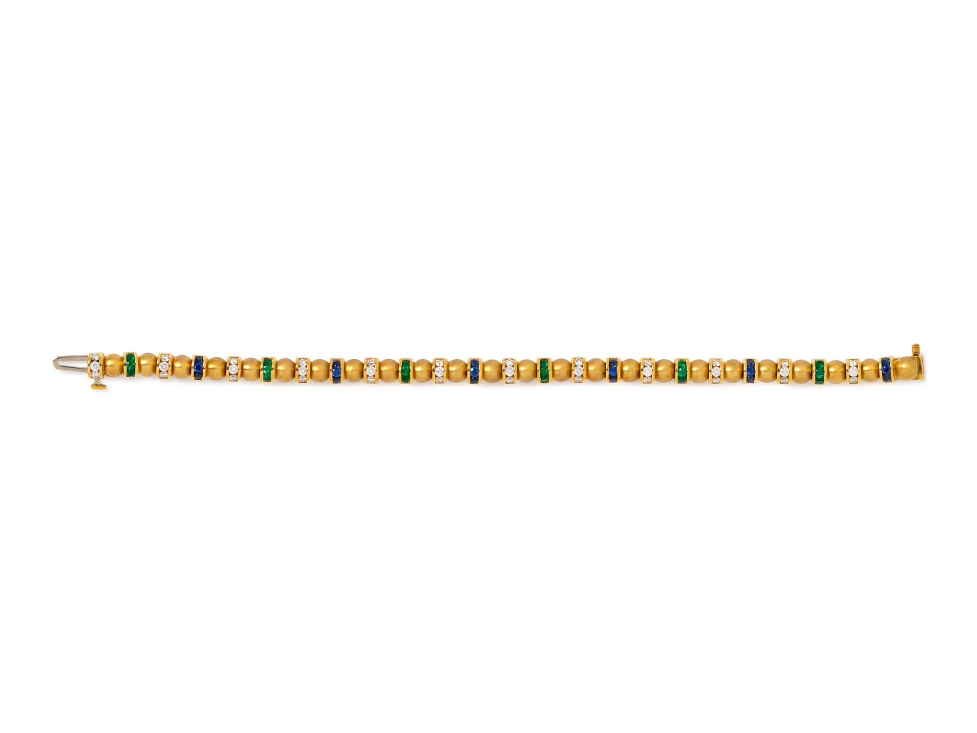 An 18 Karat Yellow Gold, Diamond, Sapphire and Emerald Bracelet, Charles Krypell,