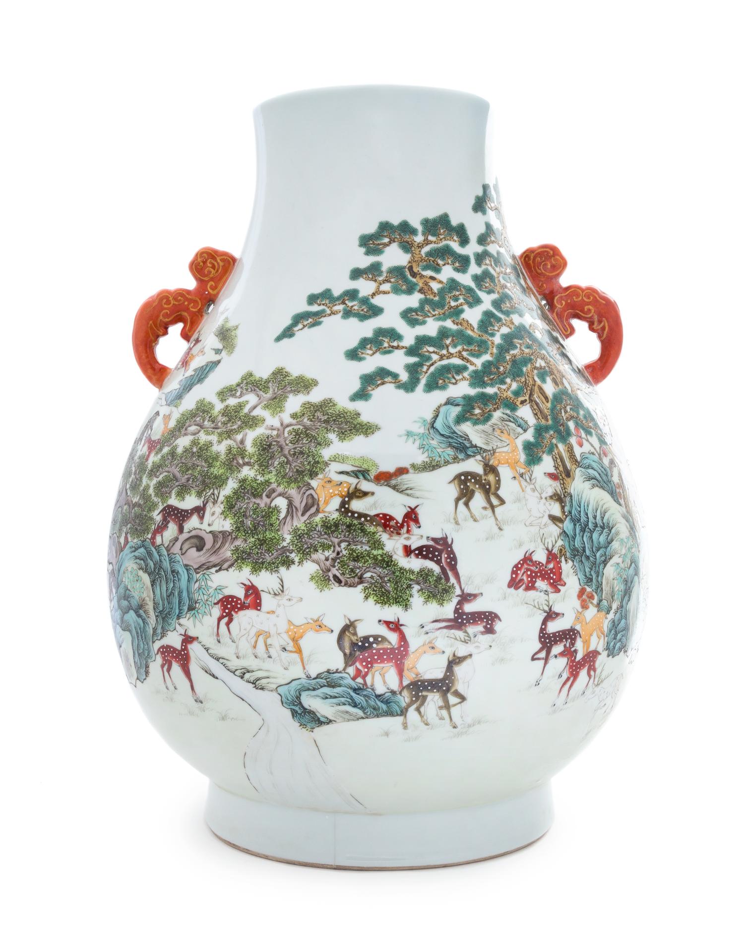 A Famille Rose Porcelain Zun Vase Height 19 1/2 inches.