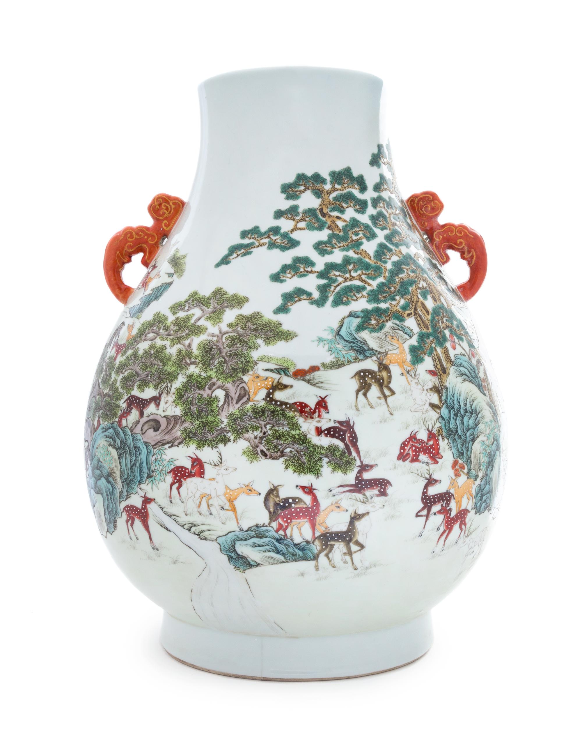 A Famille Rose Porcelain Zun Vase Height 19 1/2 inches.