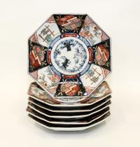 A Set of Six Imari Palette Porcelain Plates Diameter 9 1/4 inches.