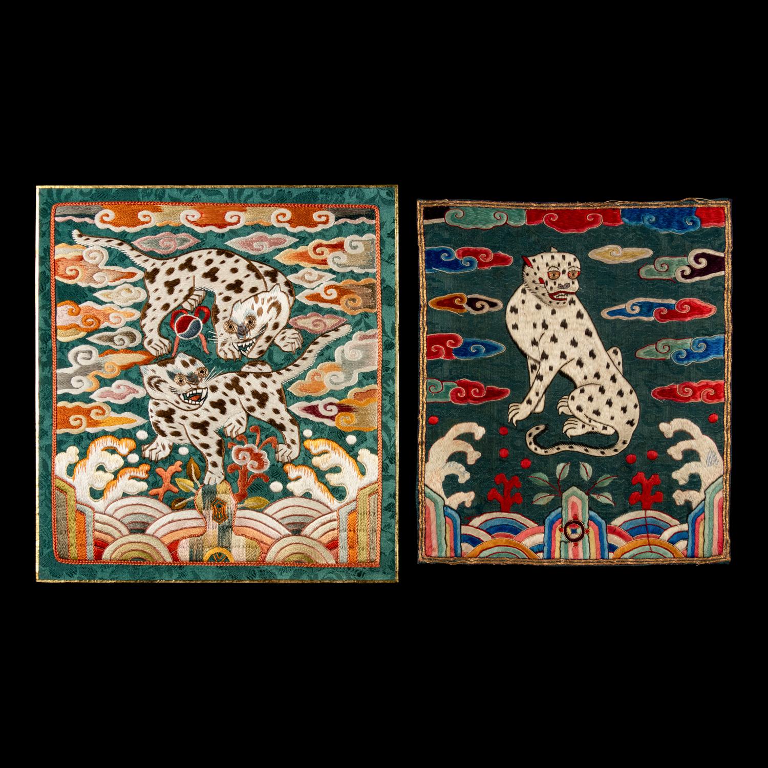 Two Korean Embroidered Silk Military Rank Badges, Hyungbae, Joseon Dynasty, 19th Century 李氏朝鮮 武官補子兩件