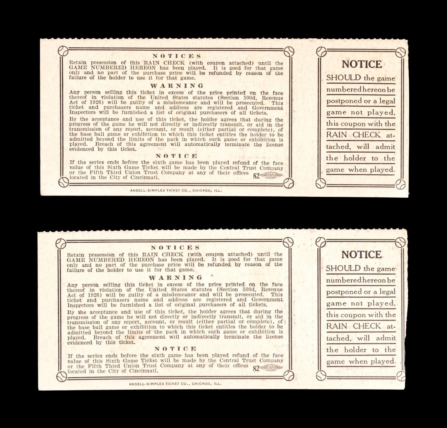A Group of Two 1940 Cincinnati Reds vs. Detroit Tigers World Series Game 6 Tickets,