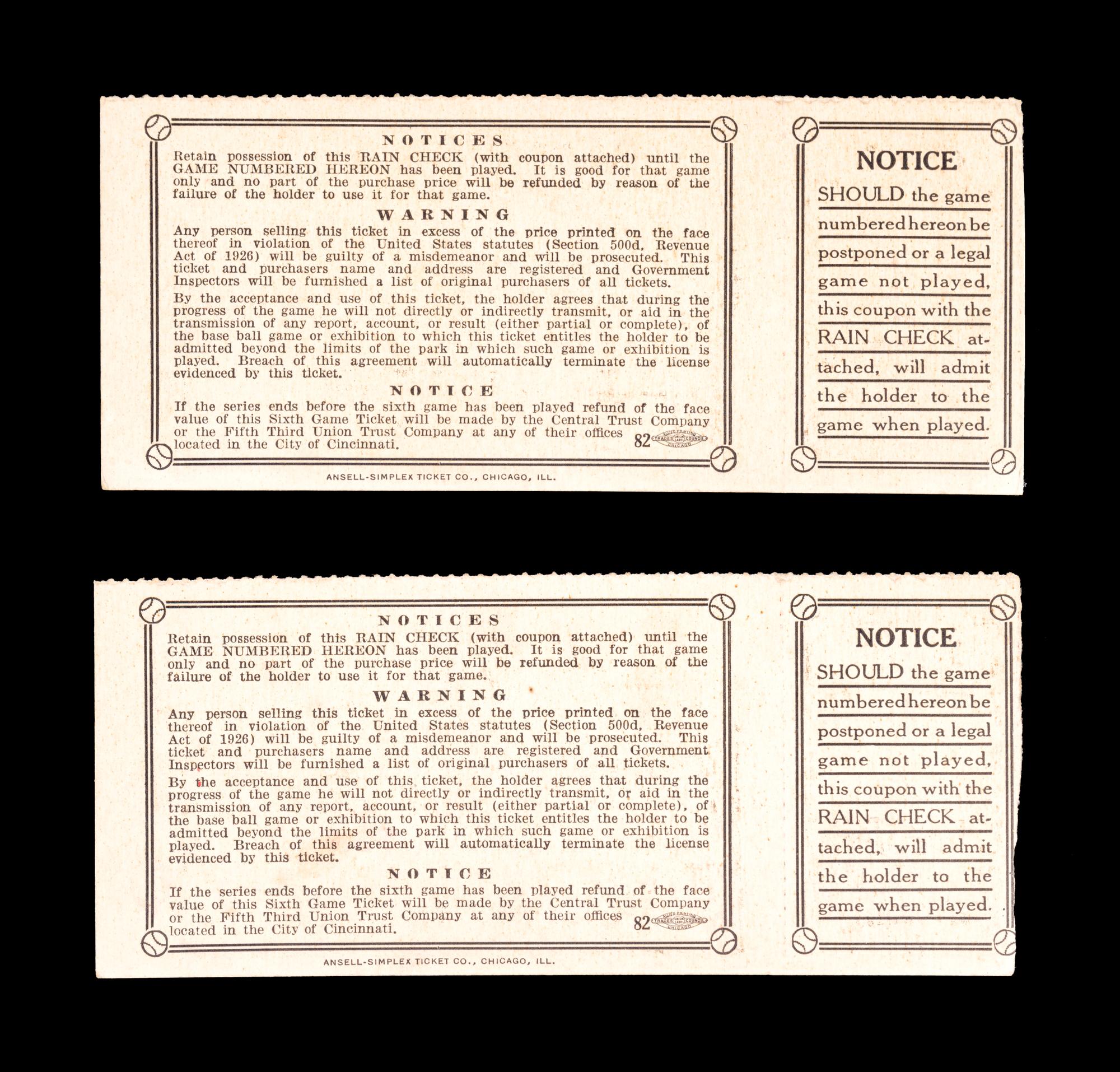 A Group of Two 1940 Cincinnati Reds vs. Detroit Tigers World Series Game 6 Tickets,