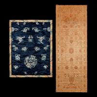 Two Chinese Silk Rectangular Panels, 19th Century 清晚期 織錦壽字紋椅披及石青緞牡丹紋綉片一幅