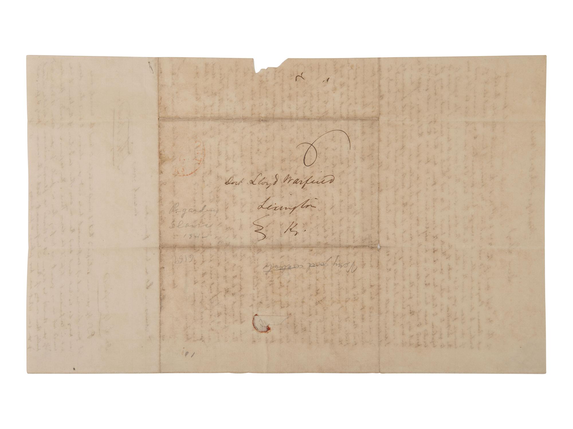 [ENSLAVEMENT] Letter detailing plans to convey slaves to a southern plantation. Frankfort, KY, 1844.