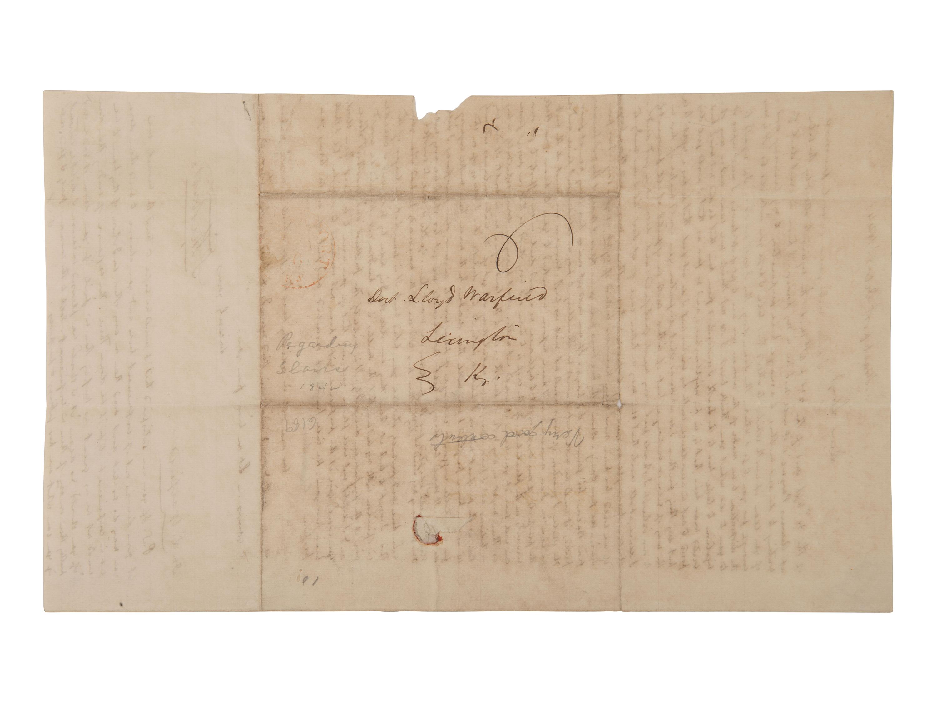 [ENSLAVEMENT] Letter detailing plans to convey slaves to a southern plantation. Frankfort, KY, 1844.