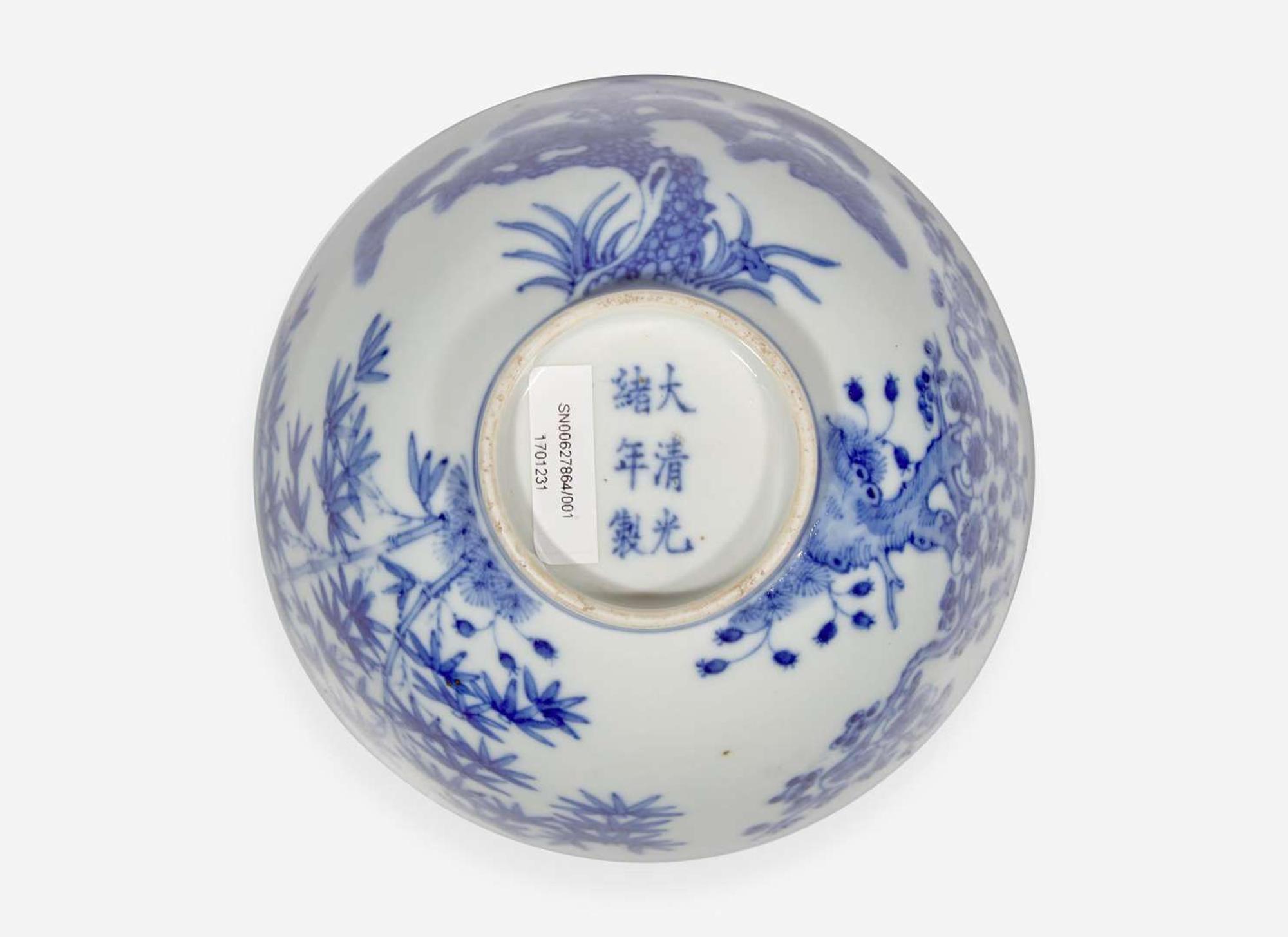 A Chinese blue and white porcelain, "Three Friends" bowl, Guangxu Mark and probably of the period 歲寒三友青花盌 光緒款 或清光緒