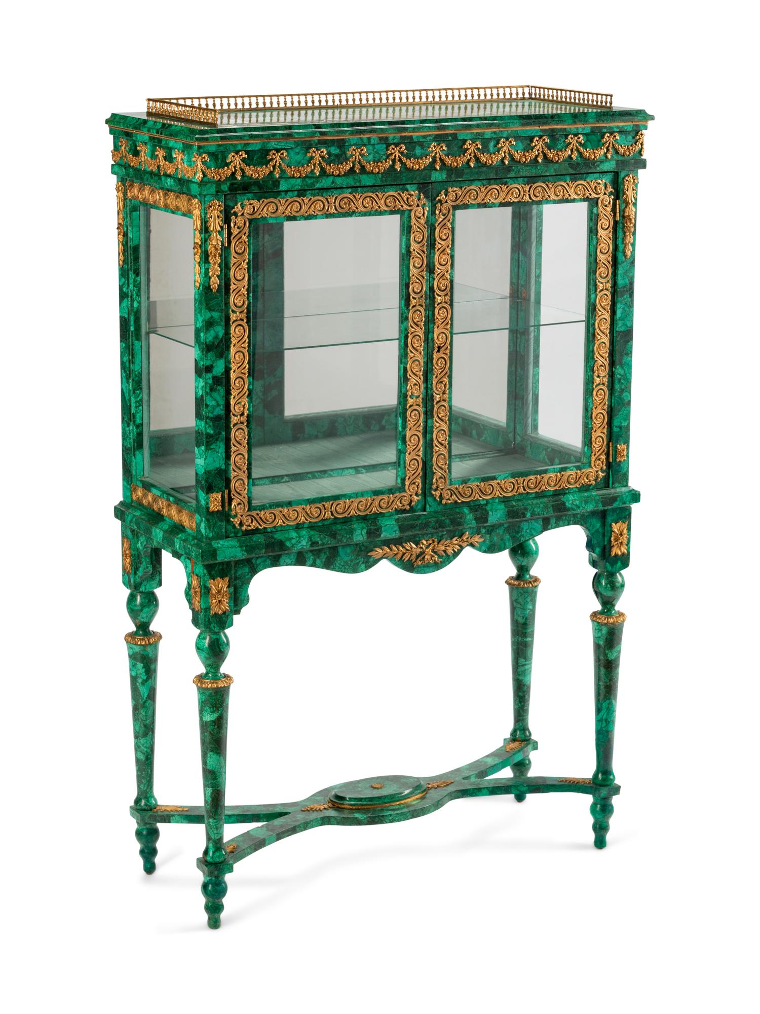 A Louis XVI Style Bronze-Mounted and Malachite-Veneered Vitrine Cabinet