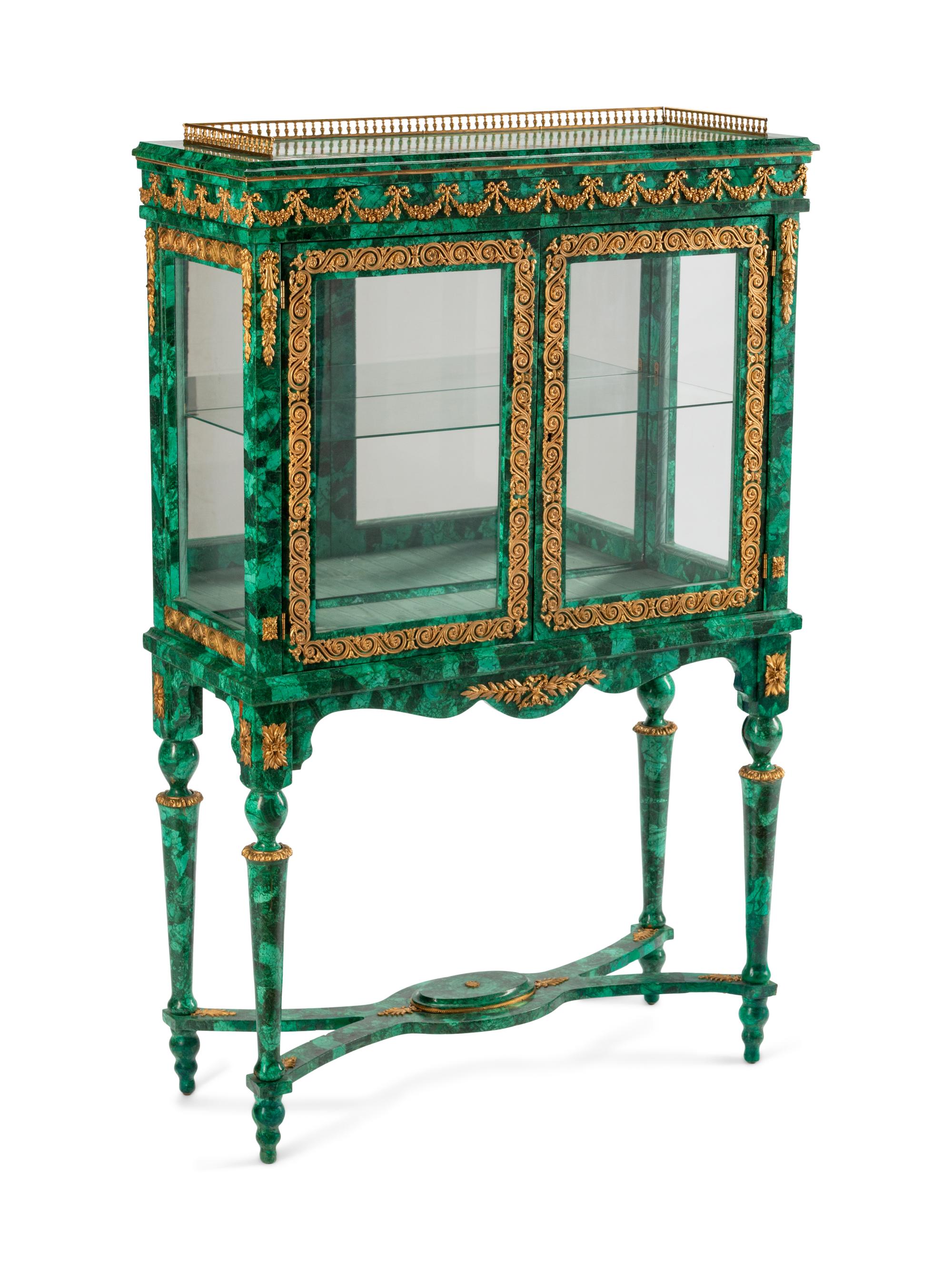 A Louis XVI Style Bronze-Mounted and Malachite-Veneered Vitrine Cabinet