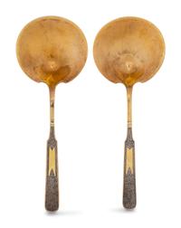 A Pair of Russian Niello Silver-Gilt Serving Spoons
