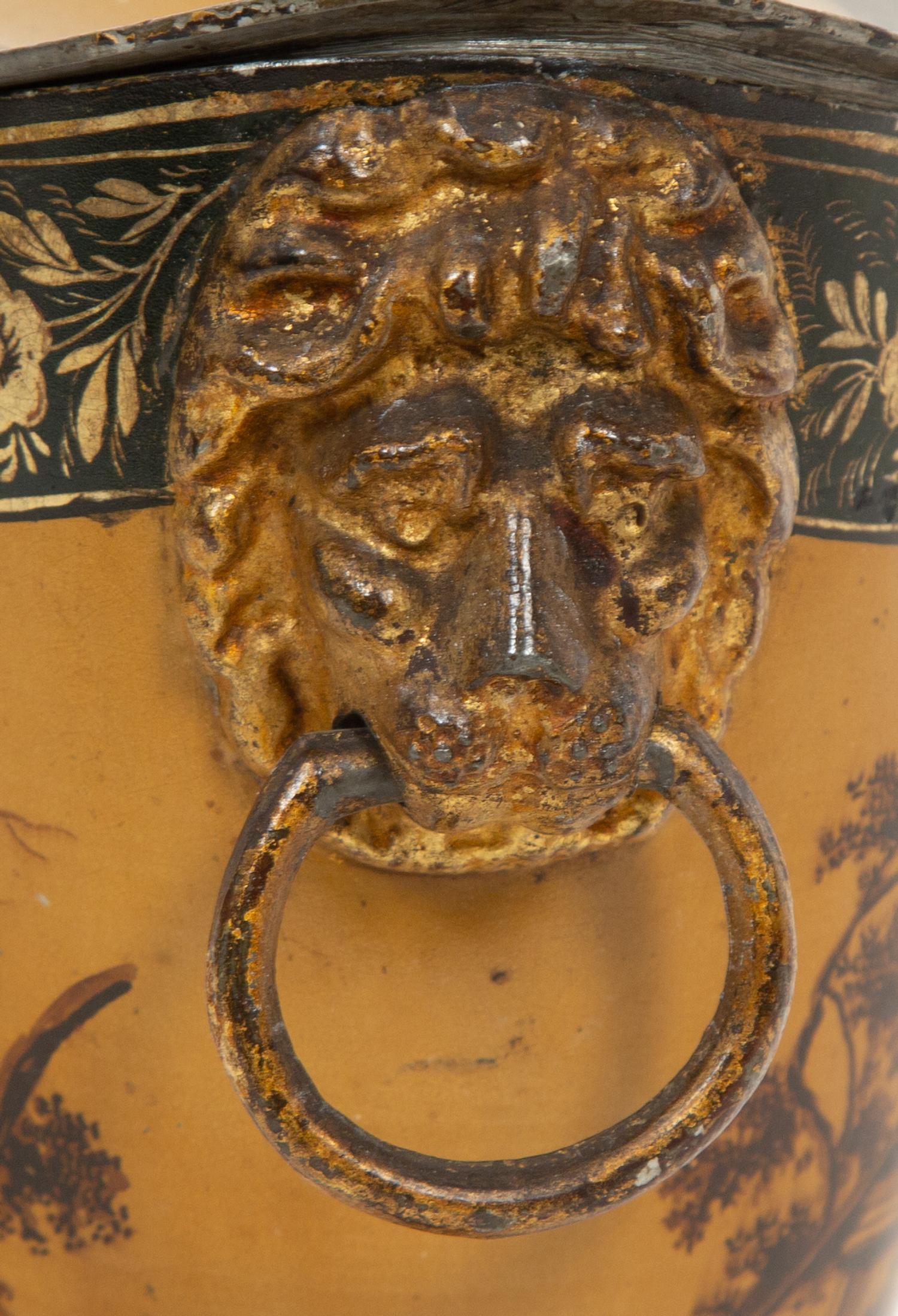 A Pair of Continental Tole Peinte Chestnut Urns