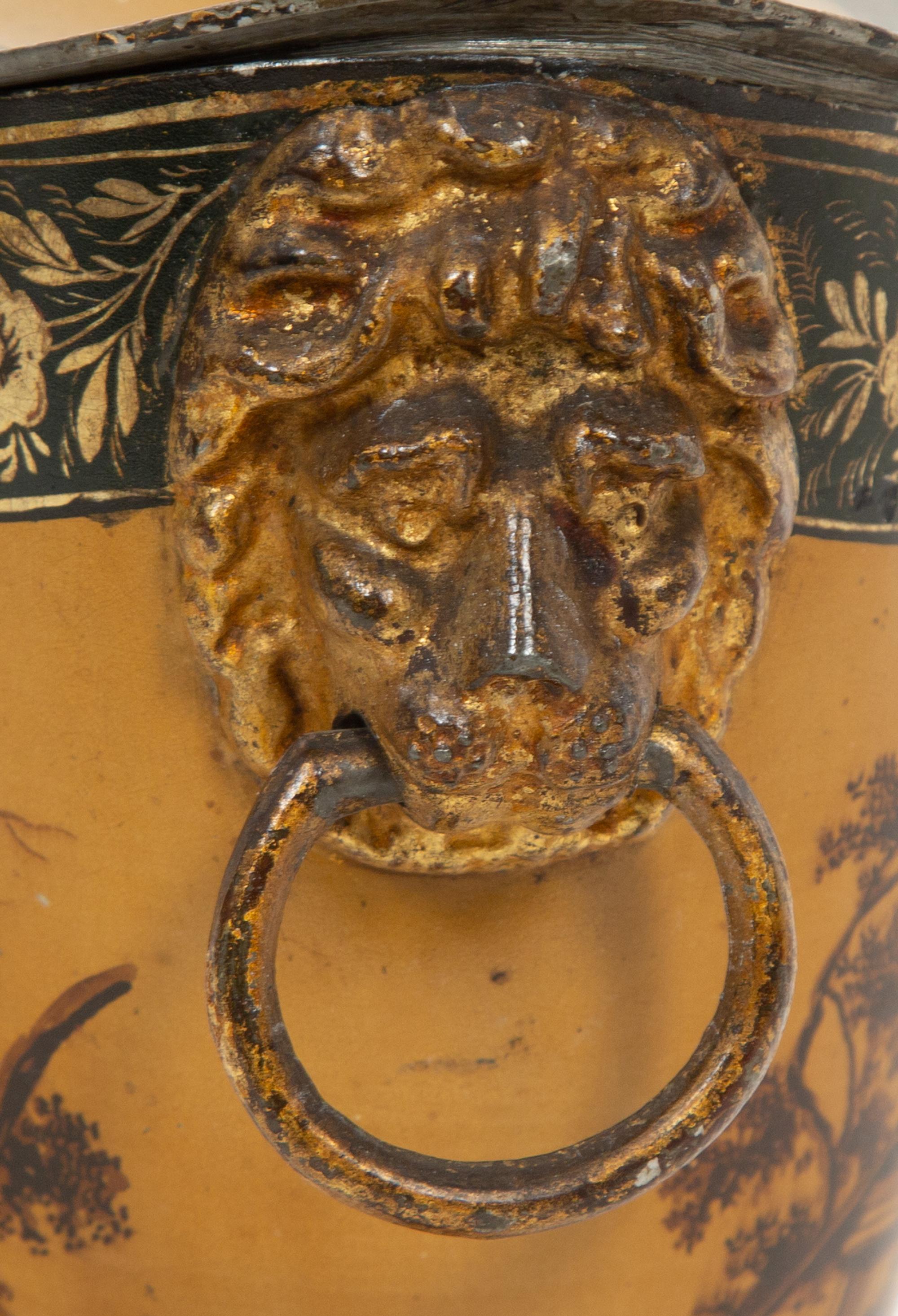 A Pair of Continental Tole Peinte Chestnut Urns