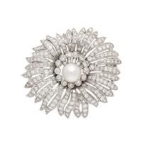Diamond, Cultured Pearl, and Platinum Pendant Brooch