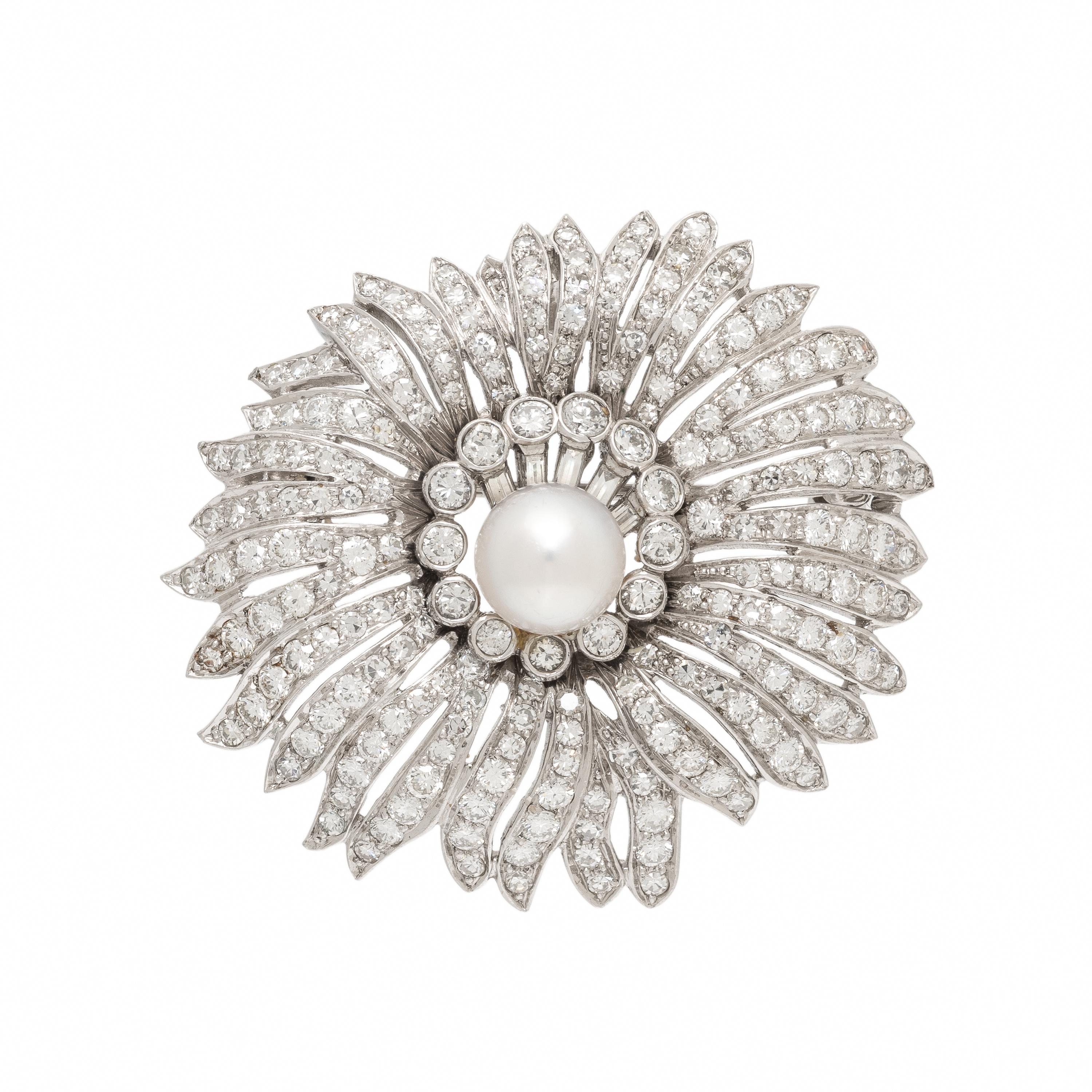 Diamond, Cultured Pearl, and Platinum Pendant Brooch