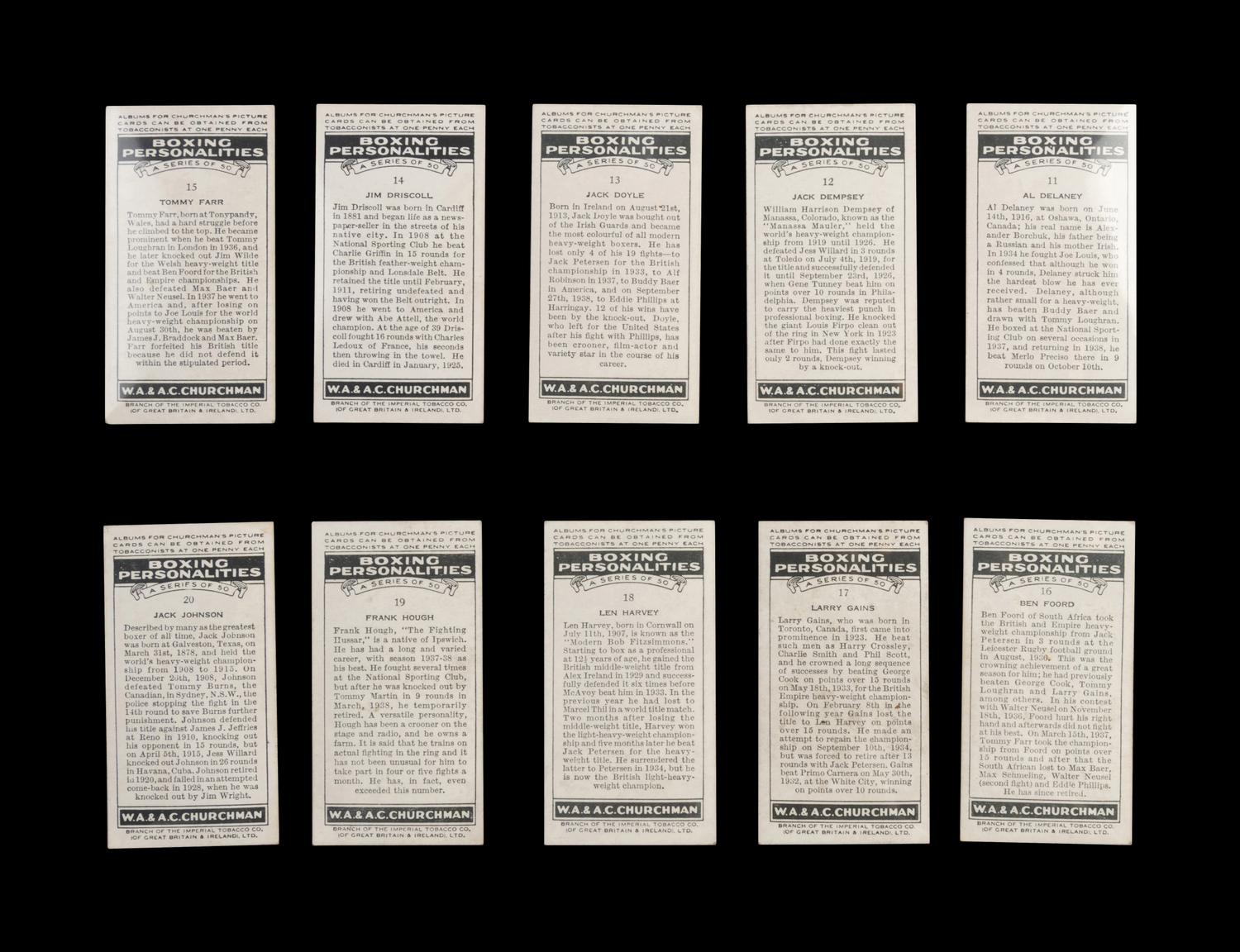 A Complete Set of 50 1938 Churchman Boxing Personalities Cards,